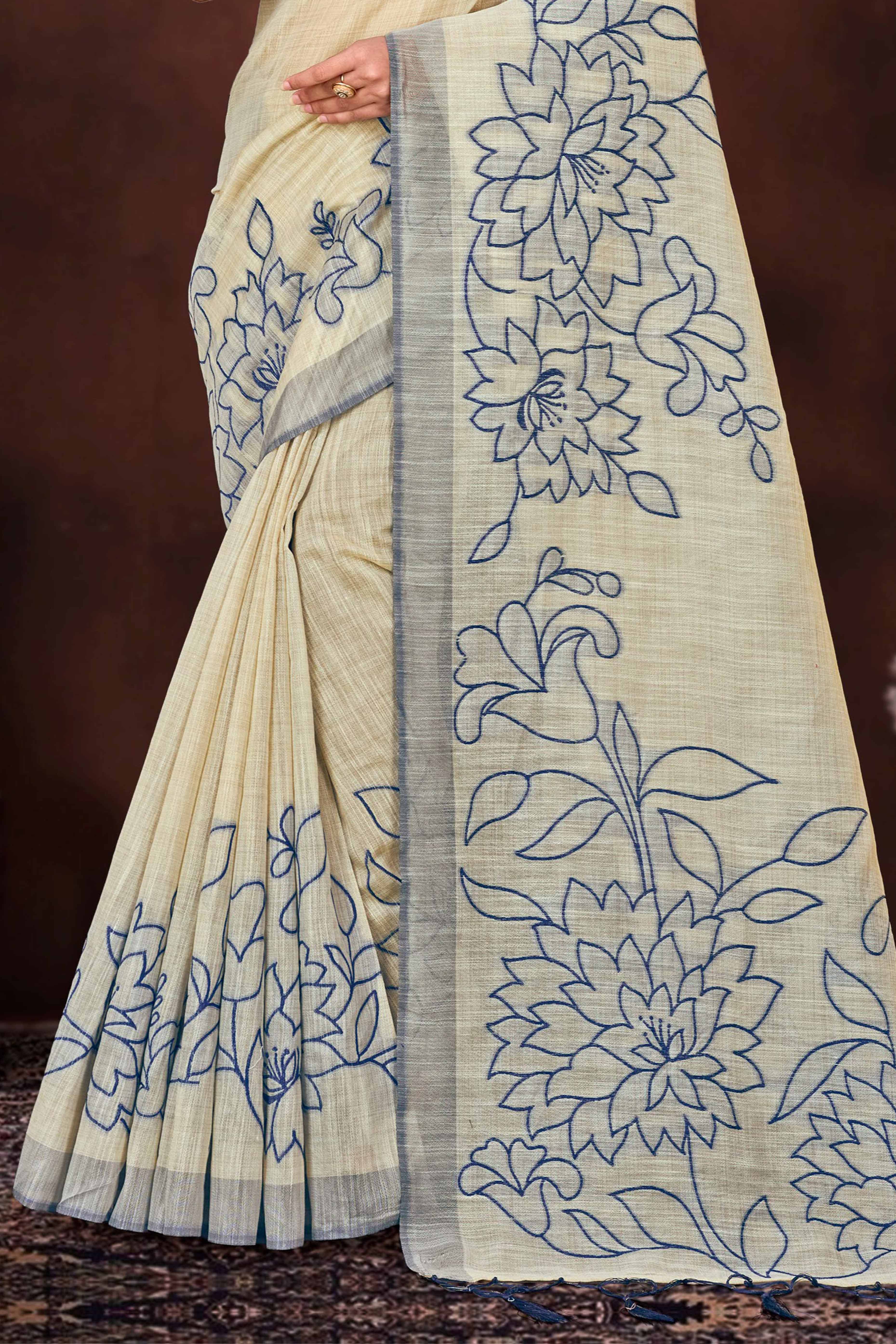 Sangam Prints Navy Blue Cotton Blend Woven Work Traditional Saree - Dista