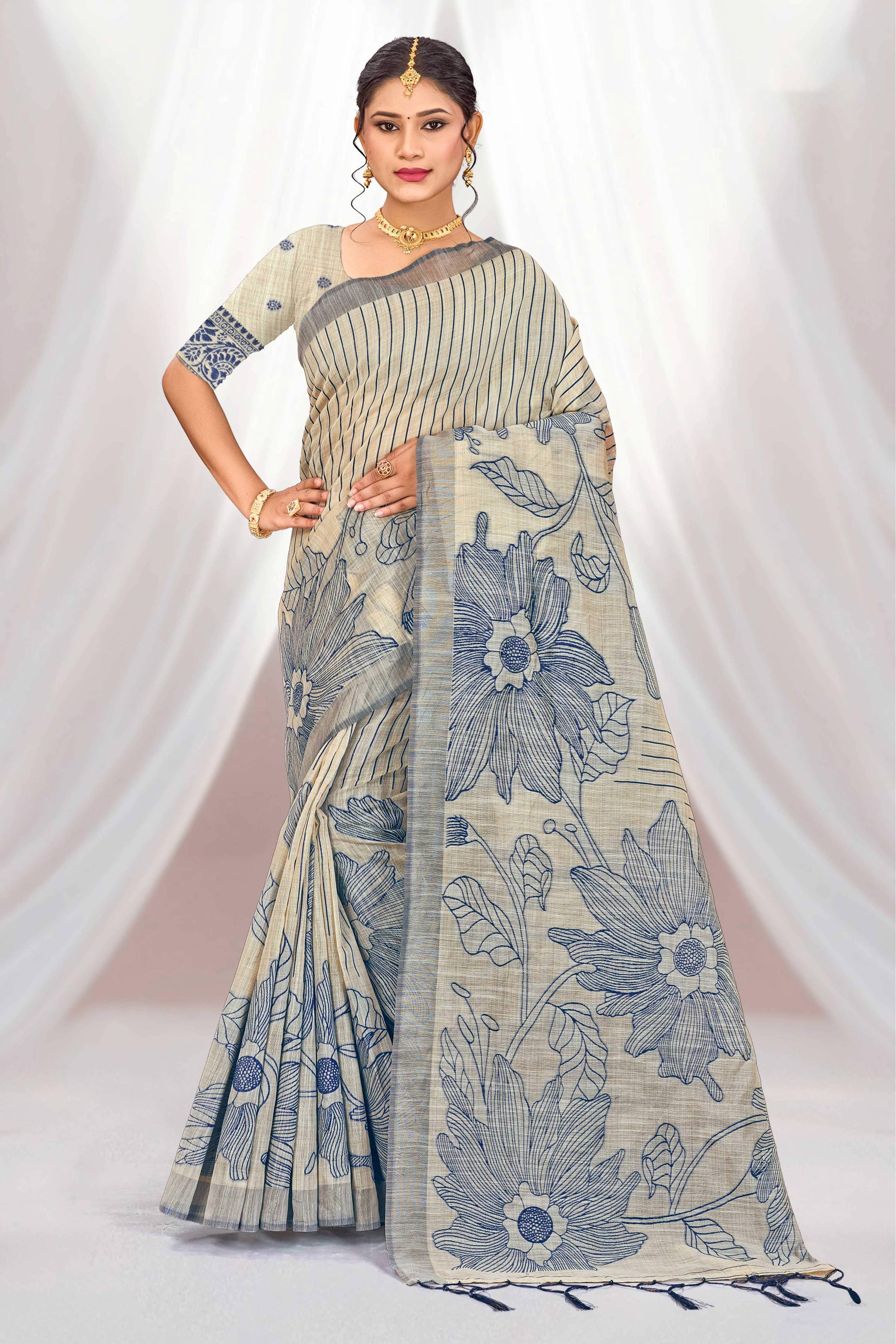 Sangam Prints Navy Blue Cotton Blend Woven Work Traditional Saree - Dista