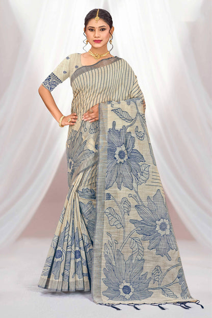 Sangam Prints Navy Blue Cotton Blend Woven Work Traditional Saree - Dista