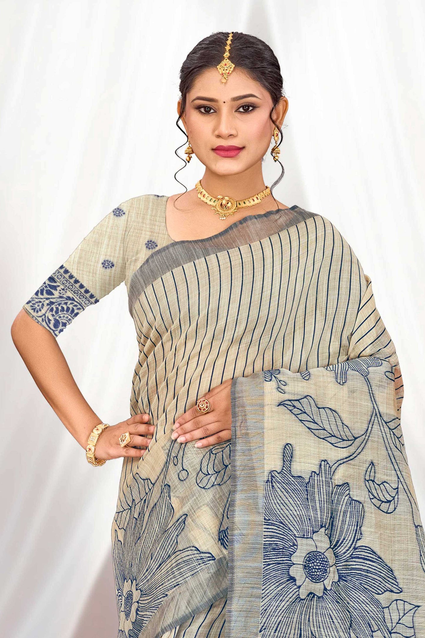 Sangam Prints Navy Blue Cotton Blend Woven Work Traditional Saree - Dista