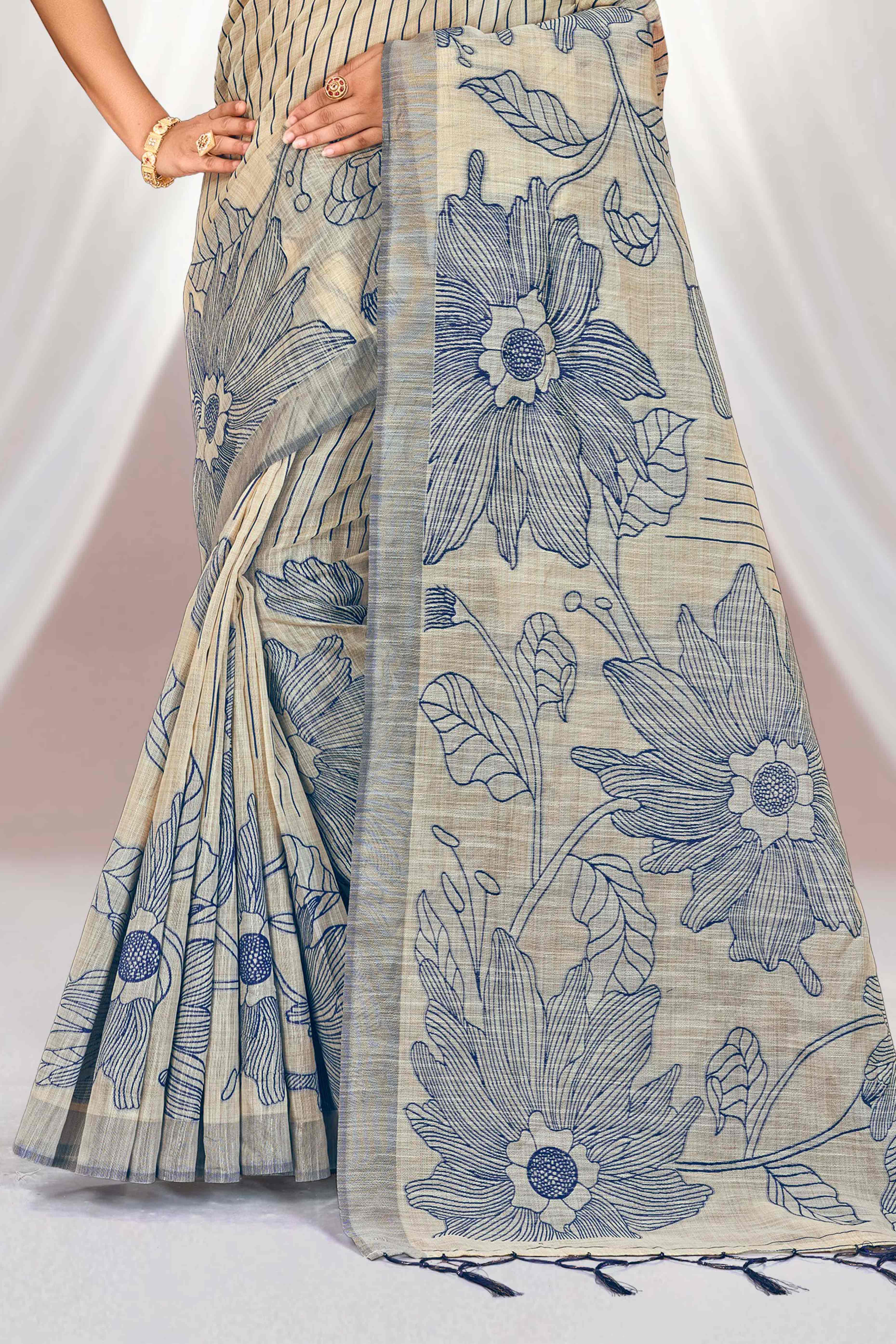 Sangam Prints Navy Blue Cotton Blend Woven Work Traditional Saree - Dista