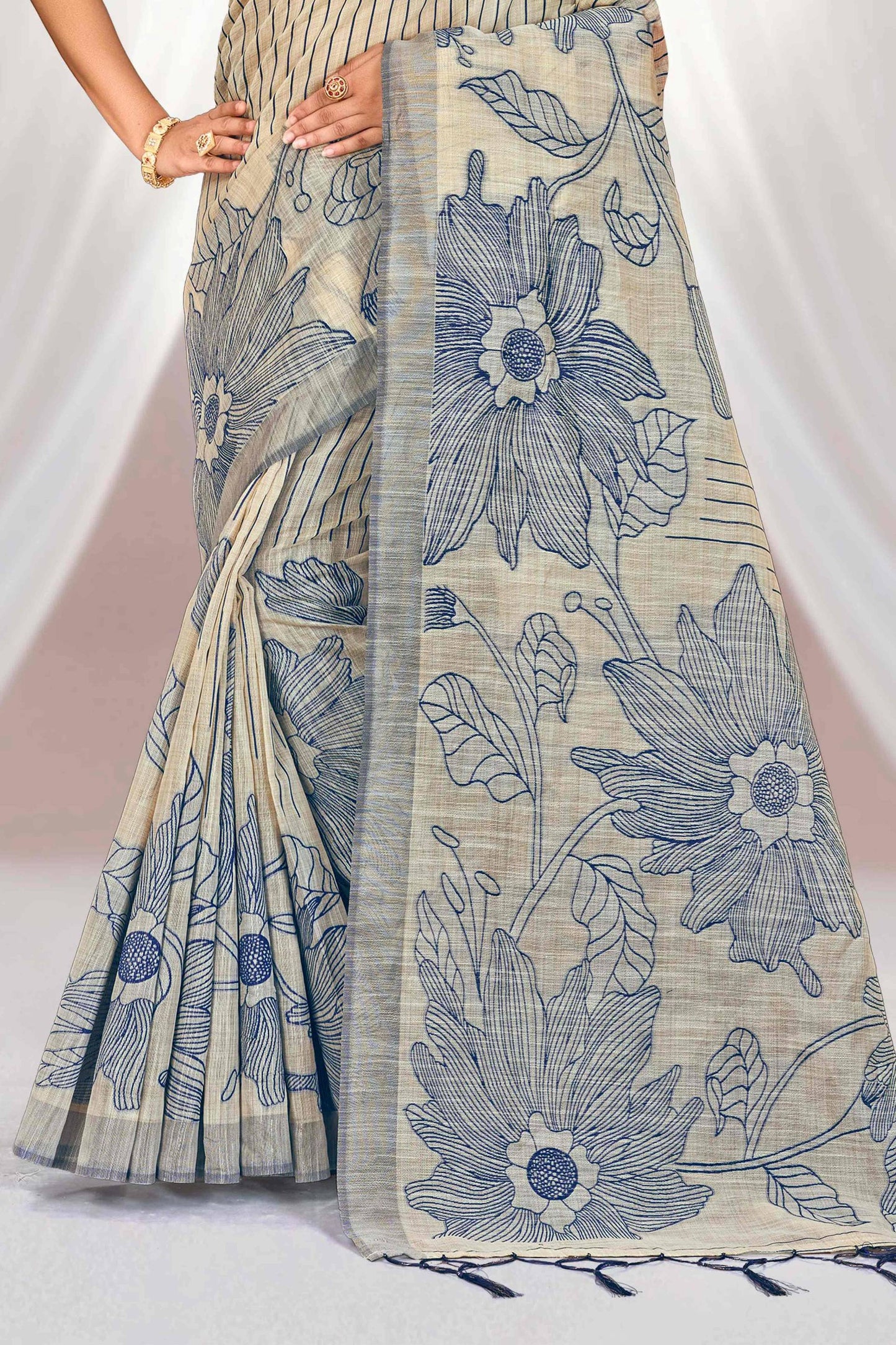 Sangam Prints Navy Blue Cotton Blend Woven Work Traditional Saree - Dista