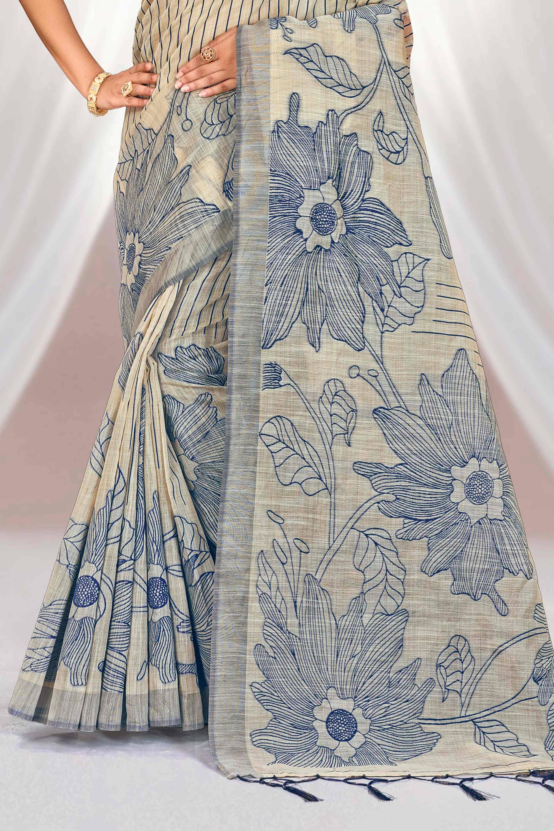 Sangam Prints Navy Blue Cotton Blend Woven Work Traditional Saree - Dista