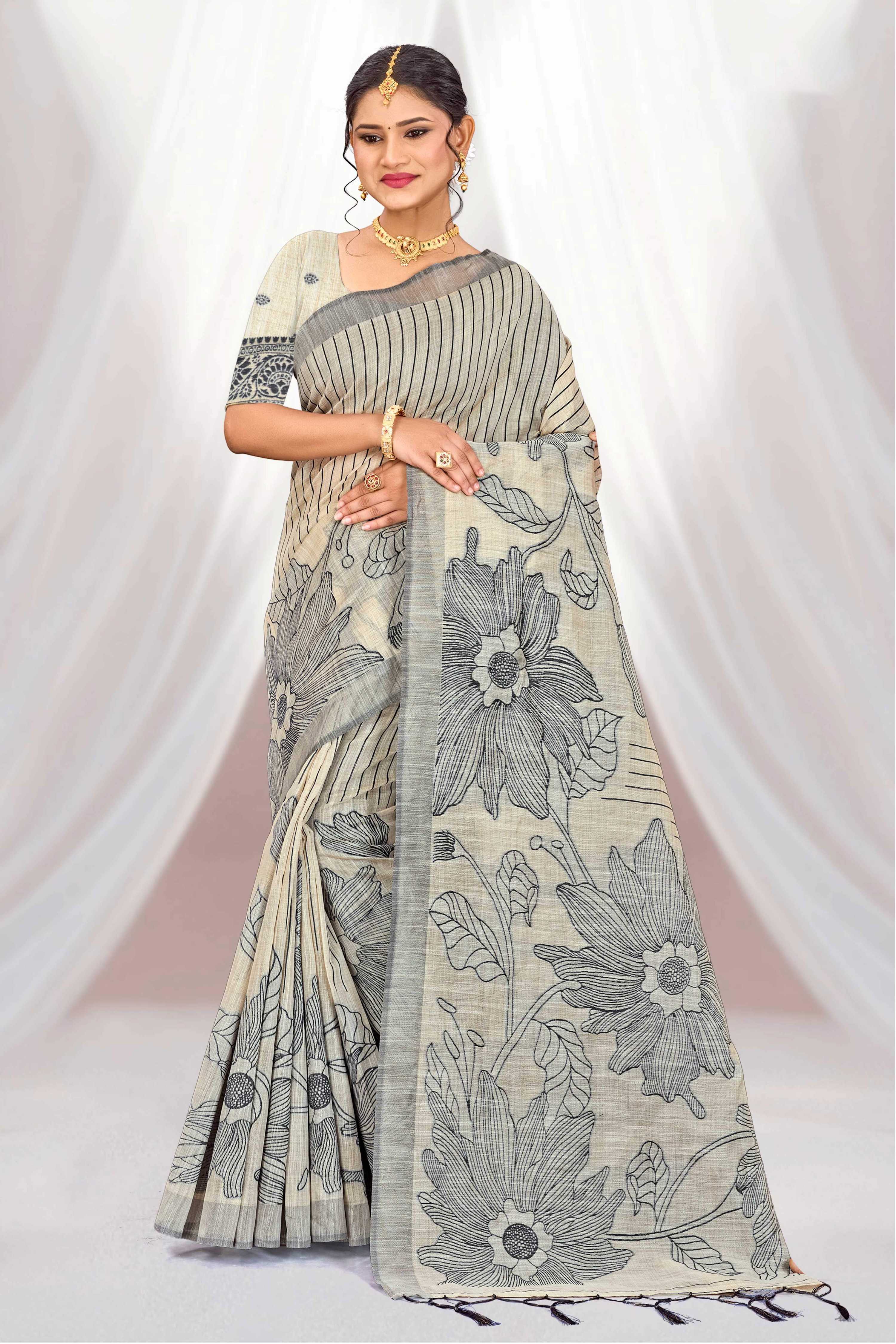 Sangam Prints Grey Cotton Blend Woven Work Traditional Saree - Dista