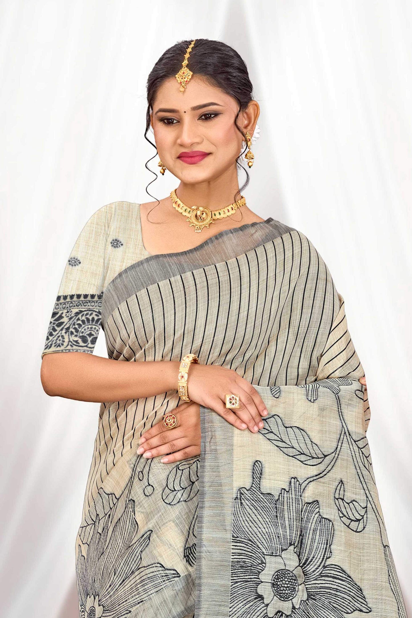 Sangam Prints Grey Cotton Blend Woven Work Traditional Saree - Dista