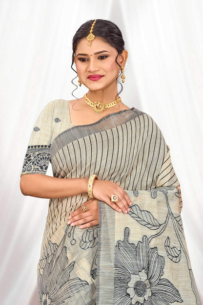 Sangam Prints Grey Cotton Blend Woven Work Traditional Saree - Dista