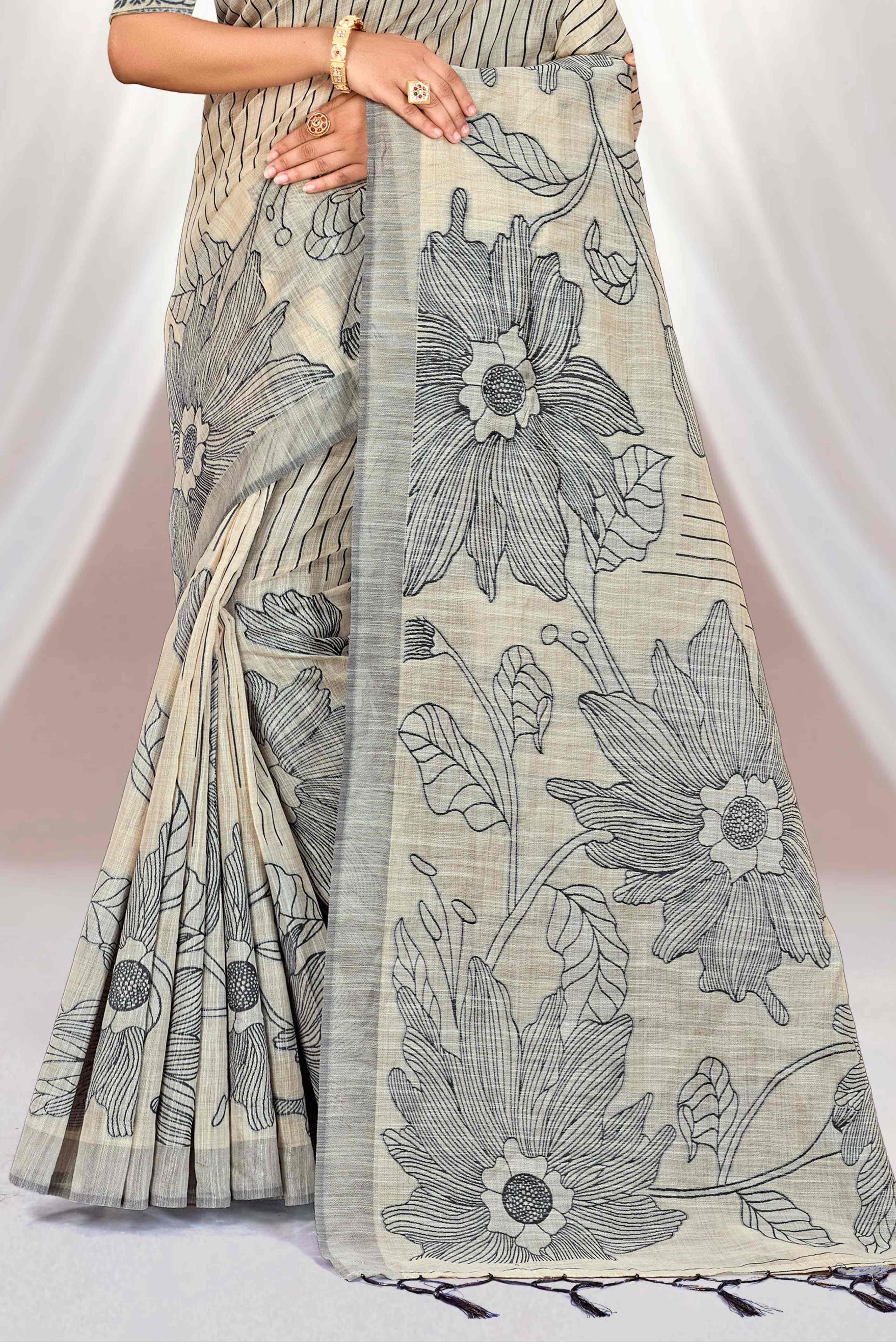 Sangam Prints Grey Cotton Blend Woven Work Traditional Saree - Dista