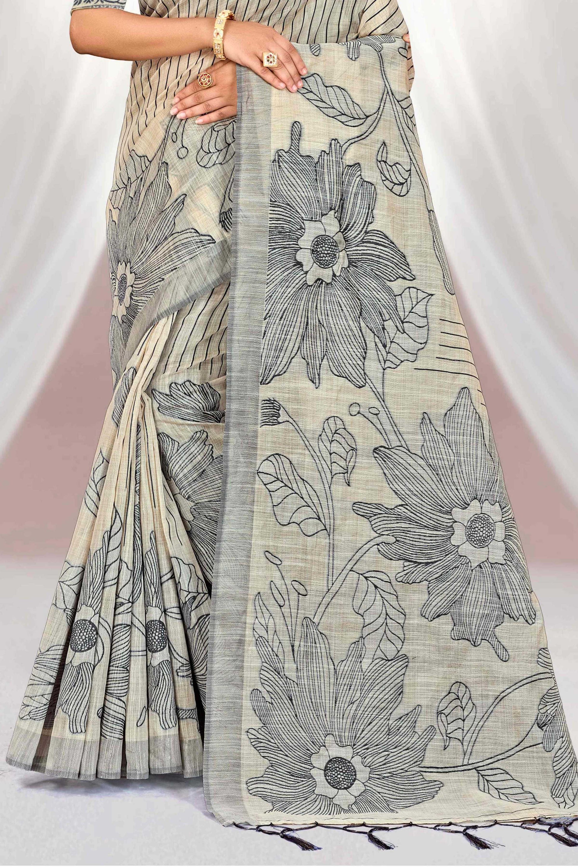 Sangam Prints Grey Cotton Blend Woven Work Traditional Saree - Dista