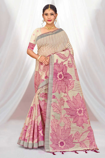 Sangam Prints Pink Cotton Blend Woven Work Traditional Saree - Dista