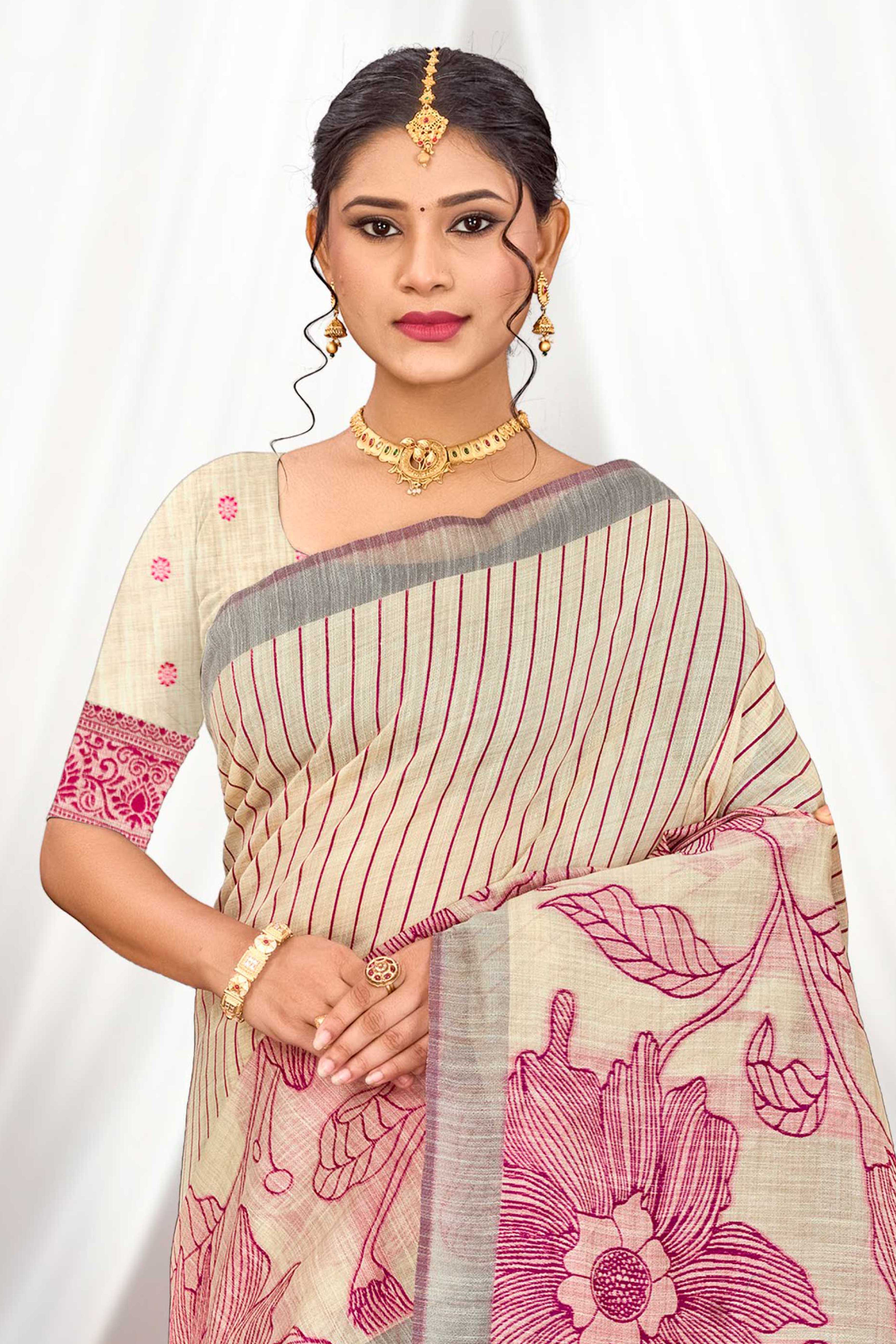 Sangam Prints Pink Cotton Blend Woven Work Traditional Saree - Dista