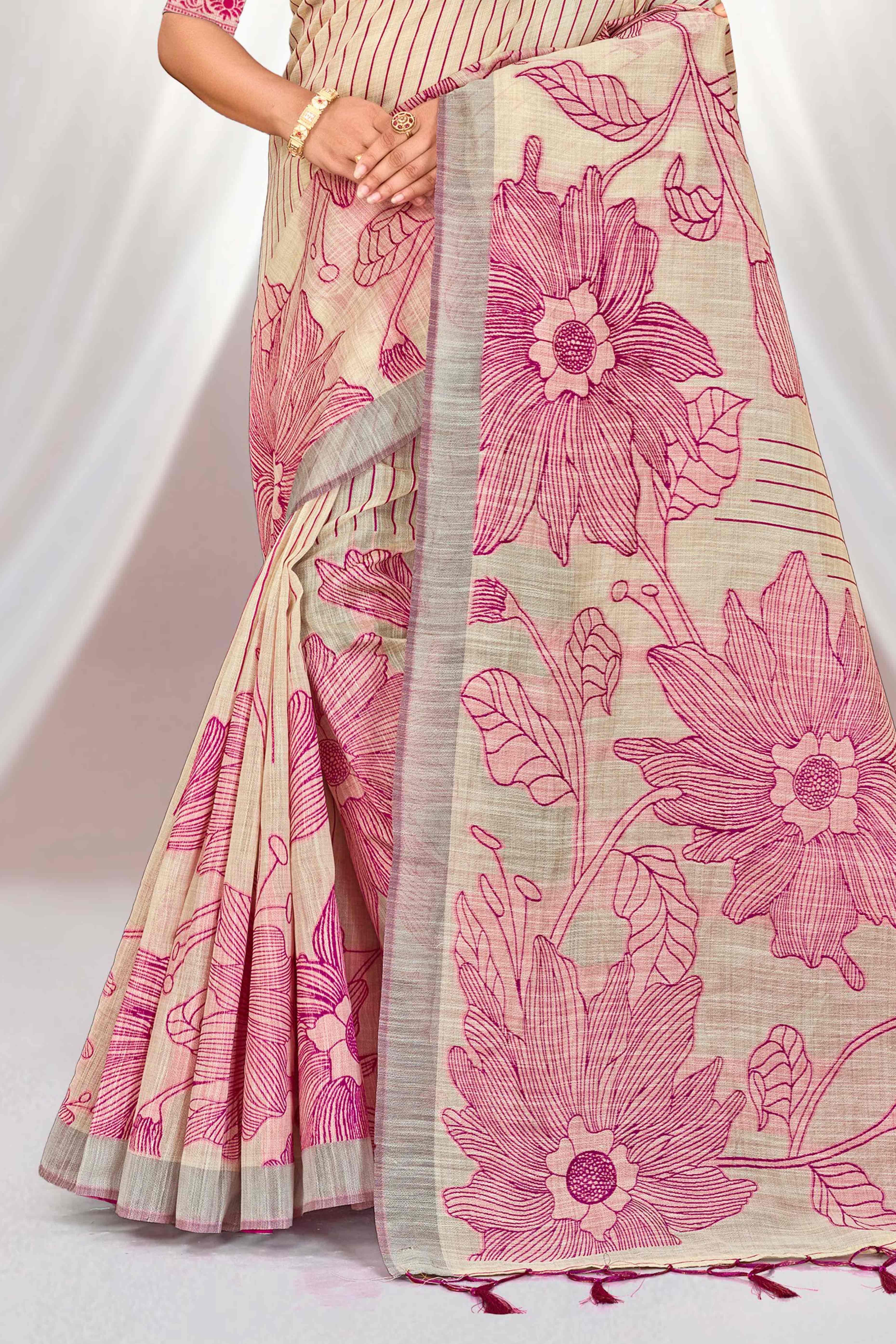 Sangam Prints Pink Cotton Blend Woven Work Traditional Saree - Dista