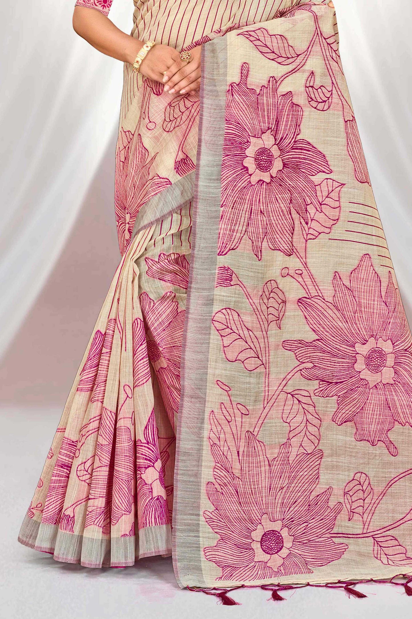 Sangam Prints Pink Cotton Blend Woven Work Traditional Saree - Dista