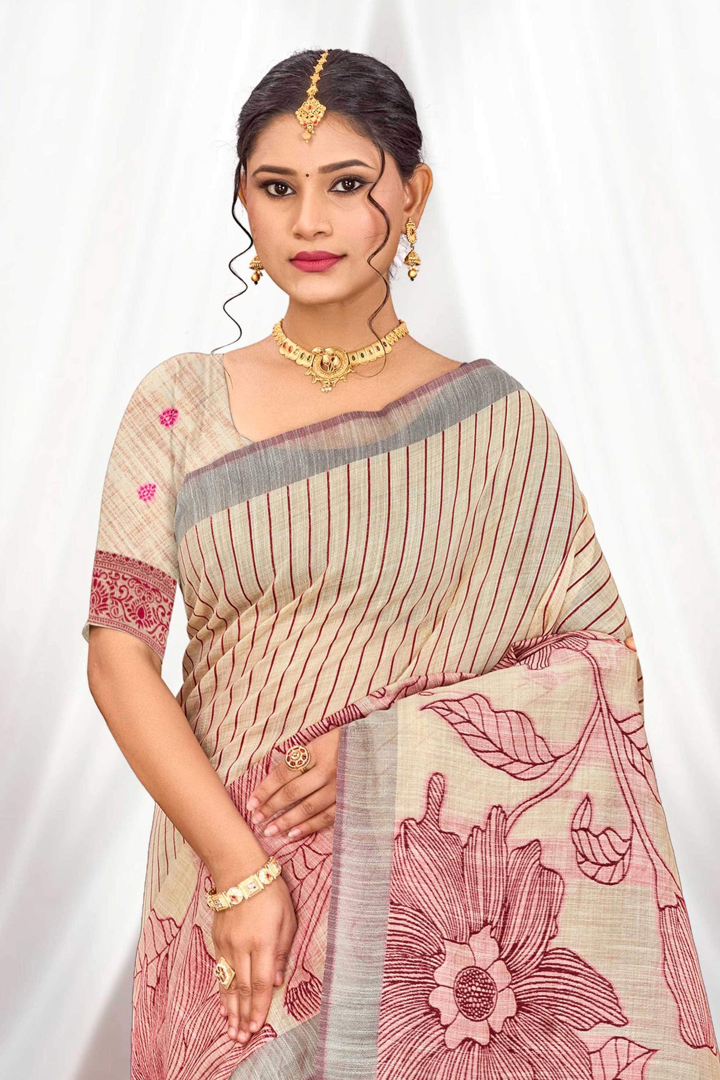 Sangam Prints Maroon Cotton Blend Woven Work Traditional Saree - Dista