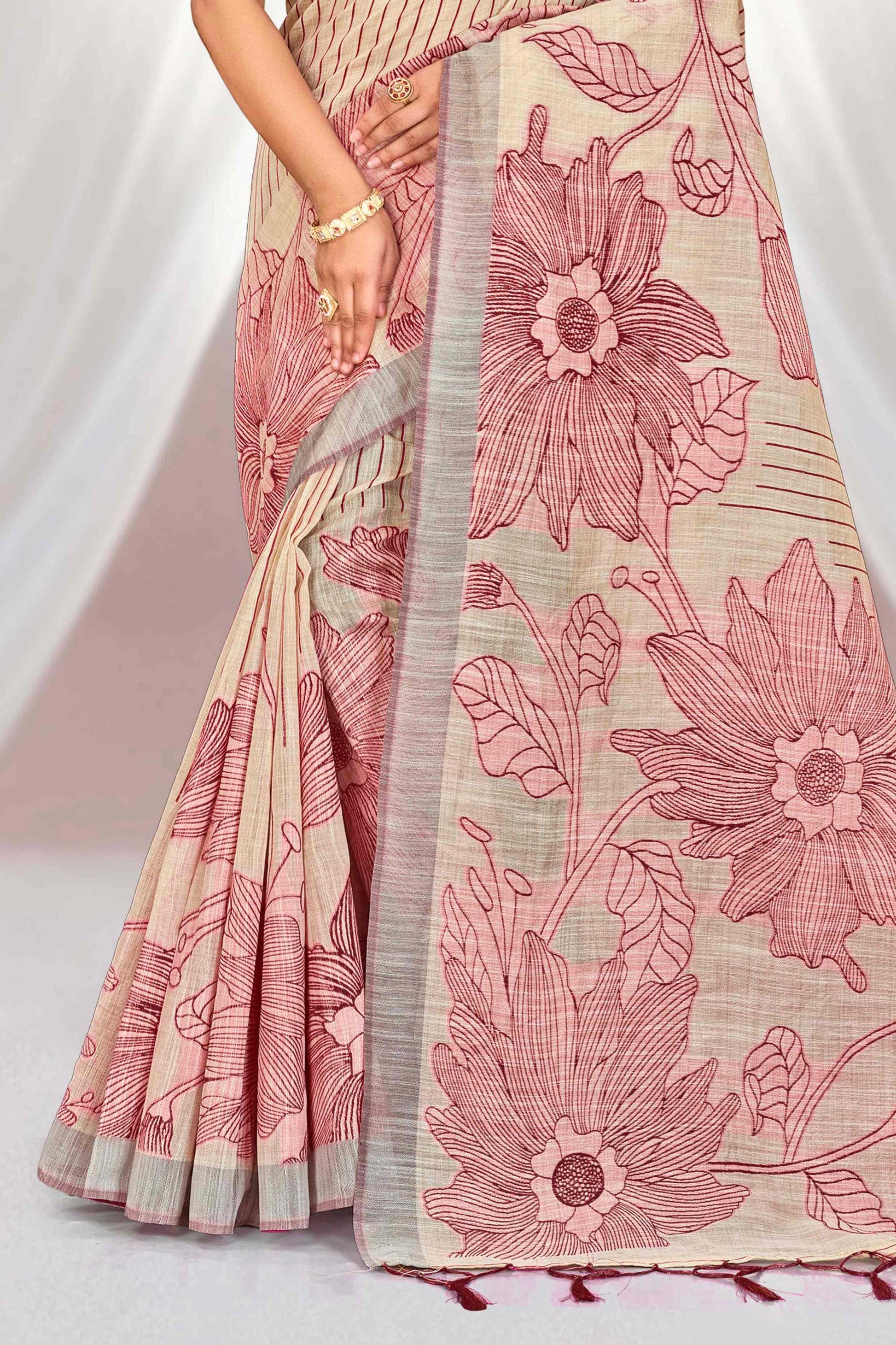 Sangam Prints Maroon Cotton Blend Woven Work Traditional Saree - Dista