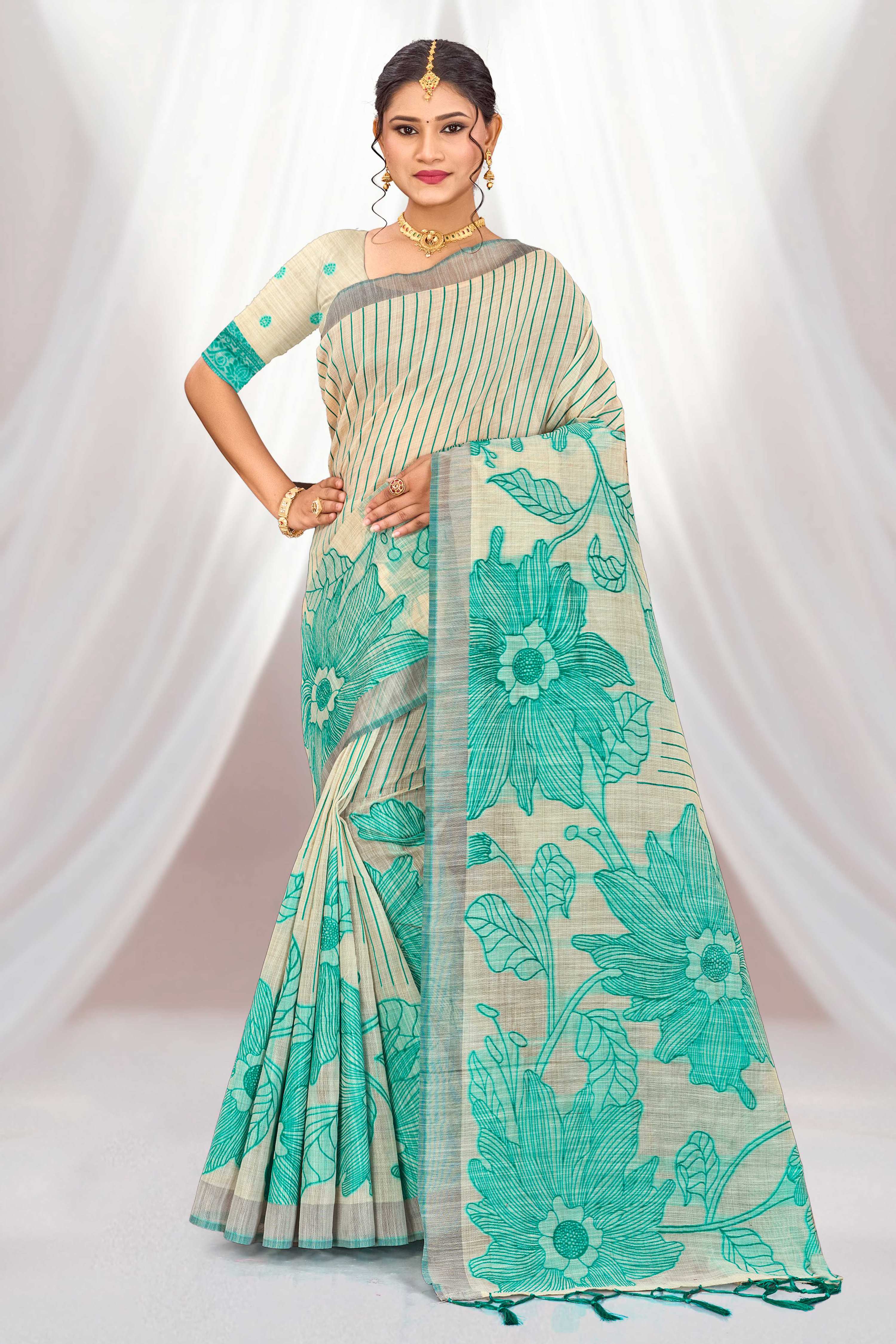 Sangam Prints Aqua Green Cotton Blend Woven Work Traditional Saree - Dista