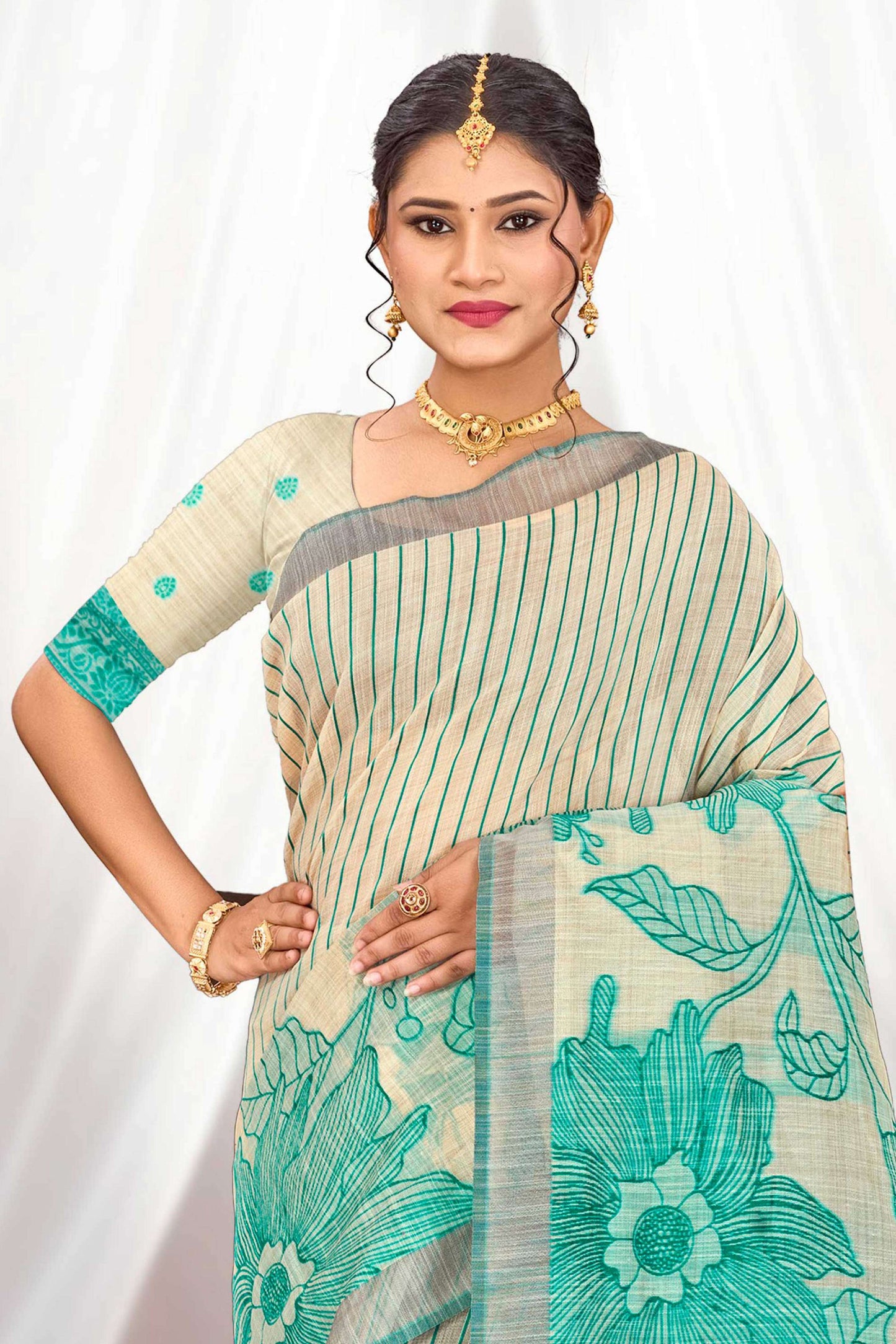 Sangam Prints Aqua Green Cotton Blend Woven Work Traditional Saree - Dista