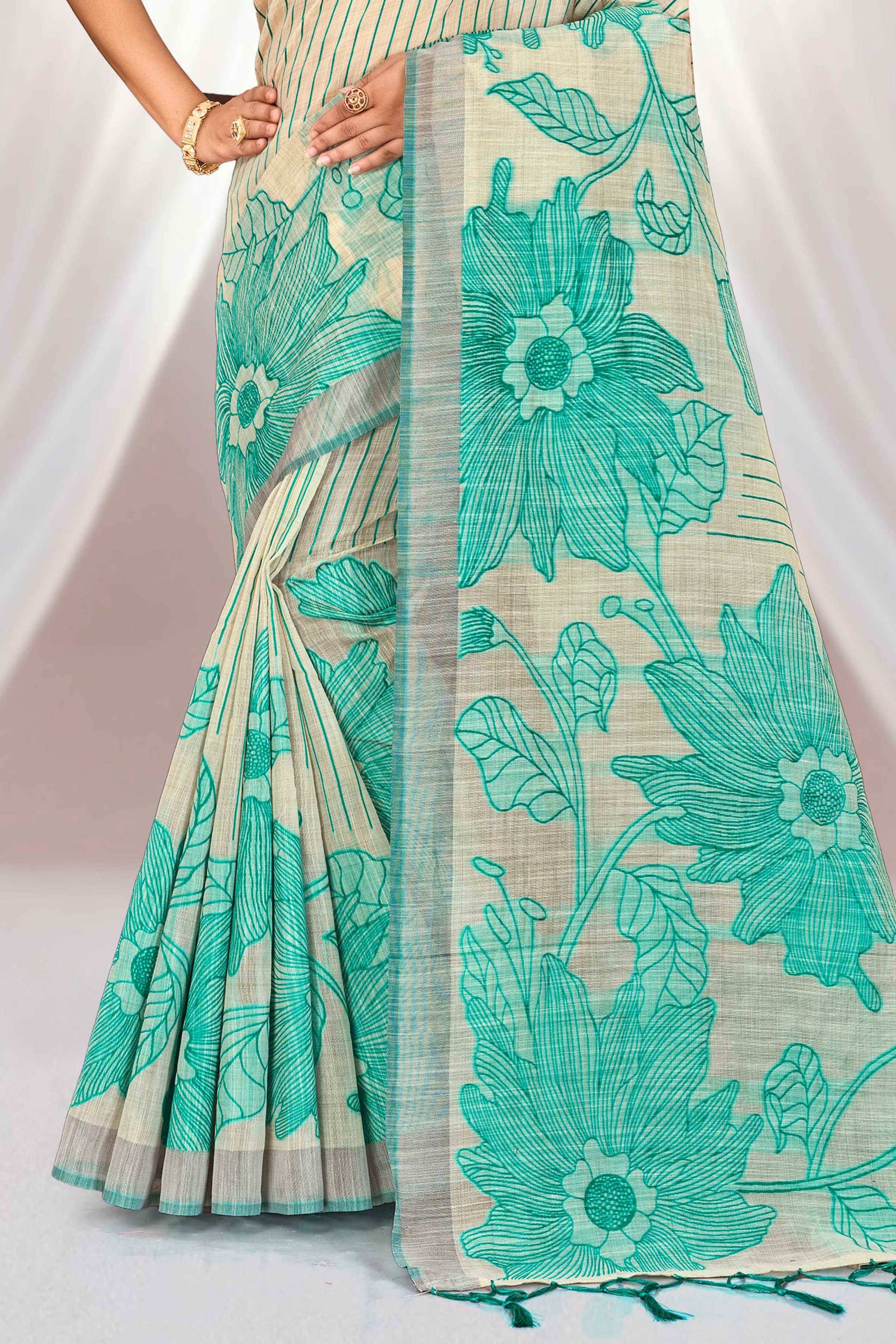 Sangam Prints Aqua Green Cotton Blend Woven Work Traditional Saree - Dista
