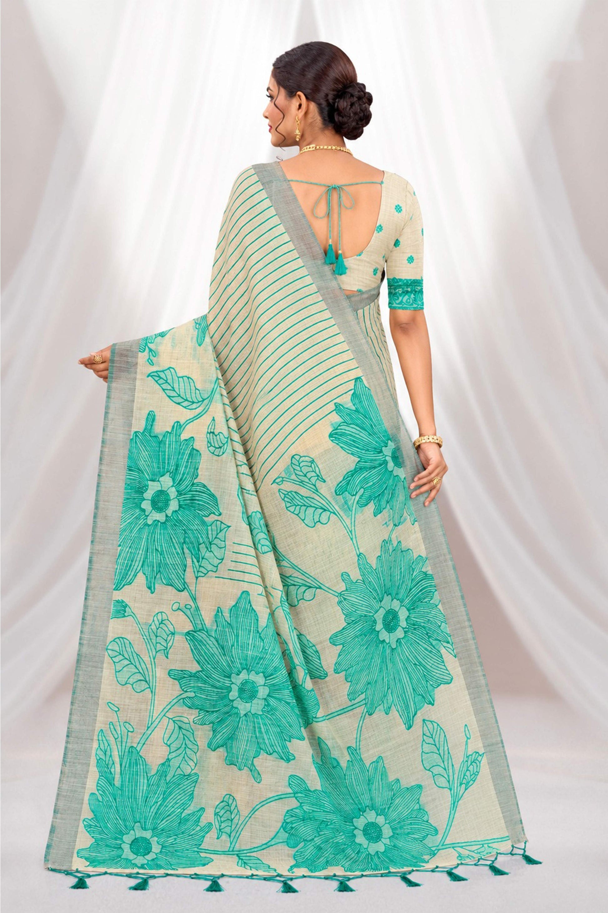 Sangam Prints Aqua Green Cotton Blend Woven Work Traditional Saree - Dista