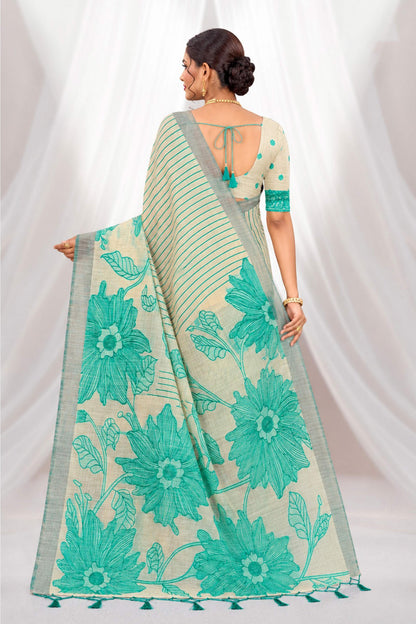 Sangam Prints Aqua Green Cotton Blend Woven Work Traditional Saree - Dista