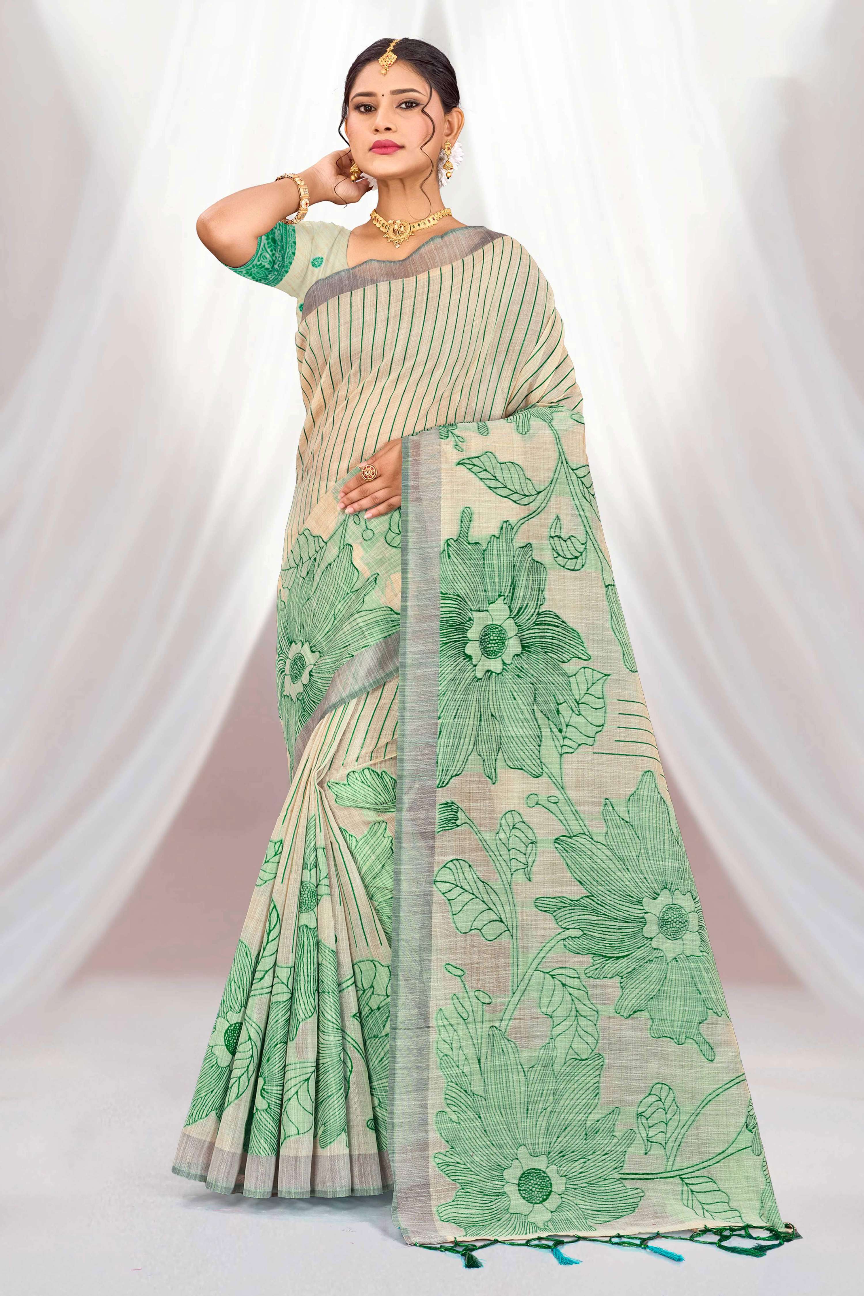 Sangam Prints Green Cotton Blend Woven Work Traditional Saree - Dista