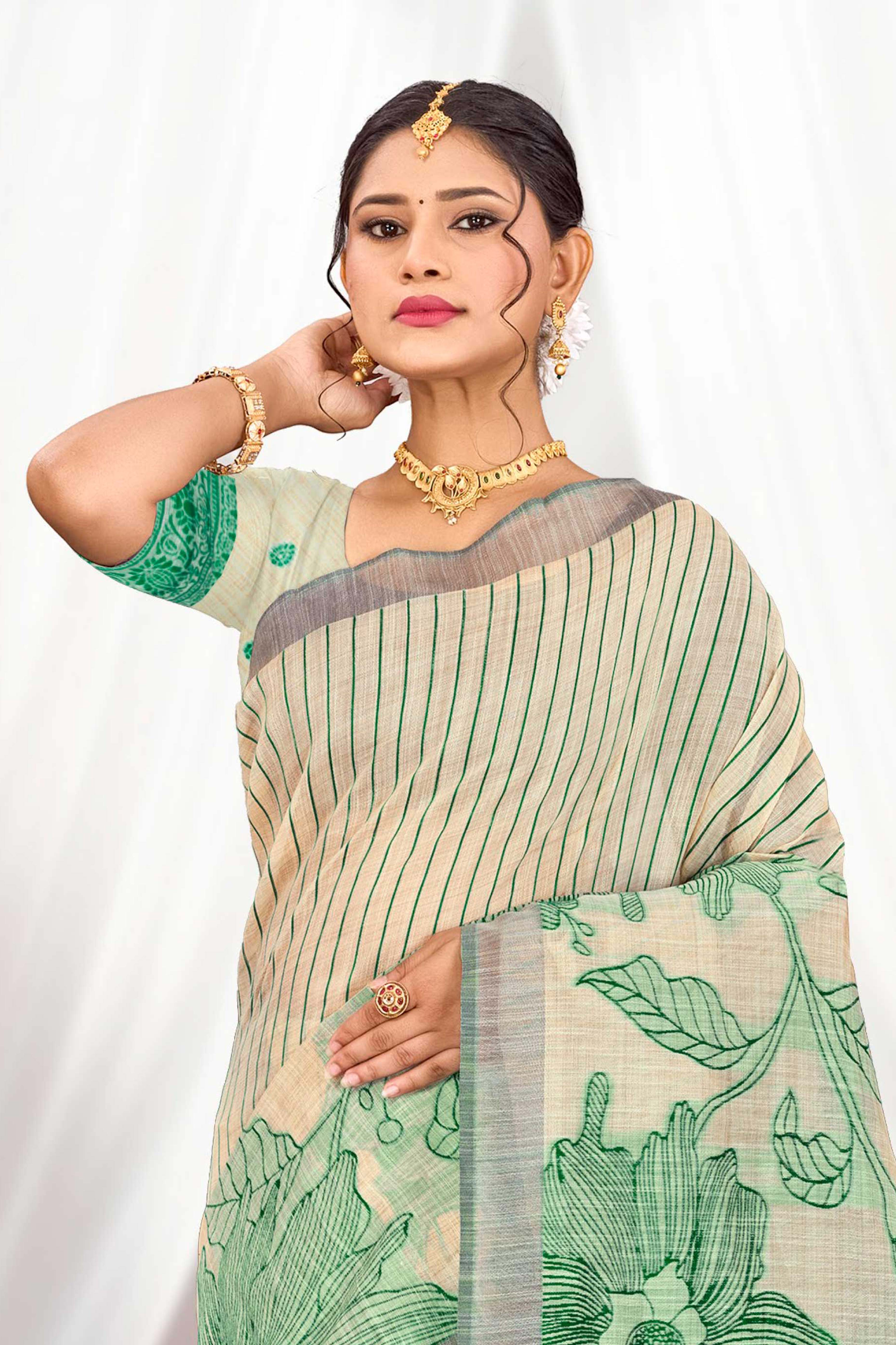 Sangam Prints Green Cotton Blend Woven Work Traditional Saree - Dista