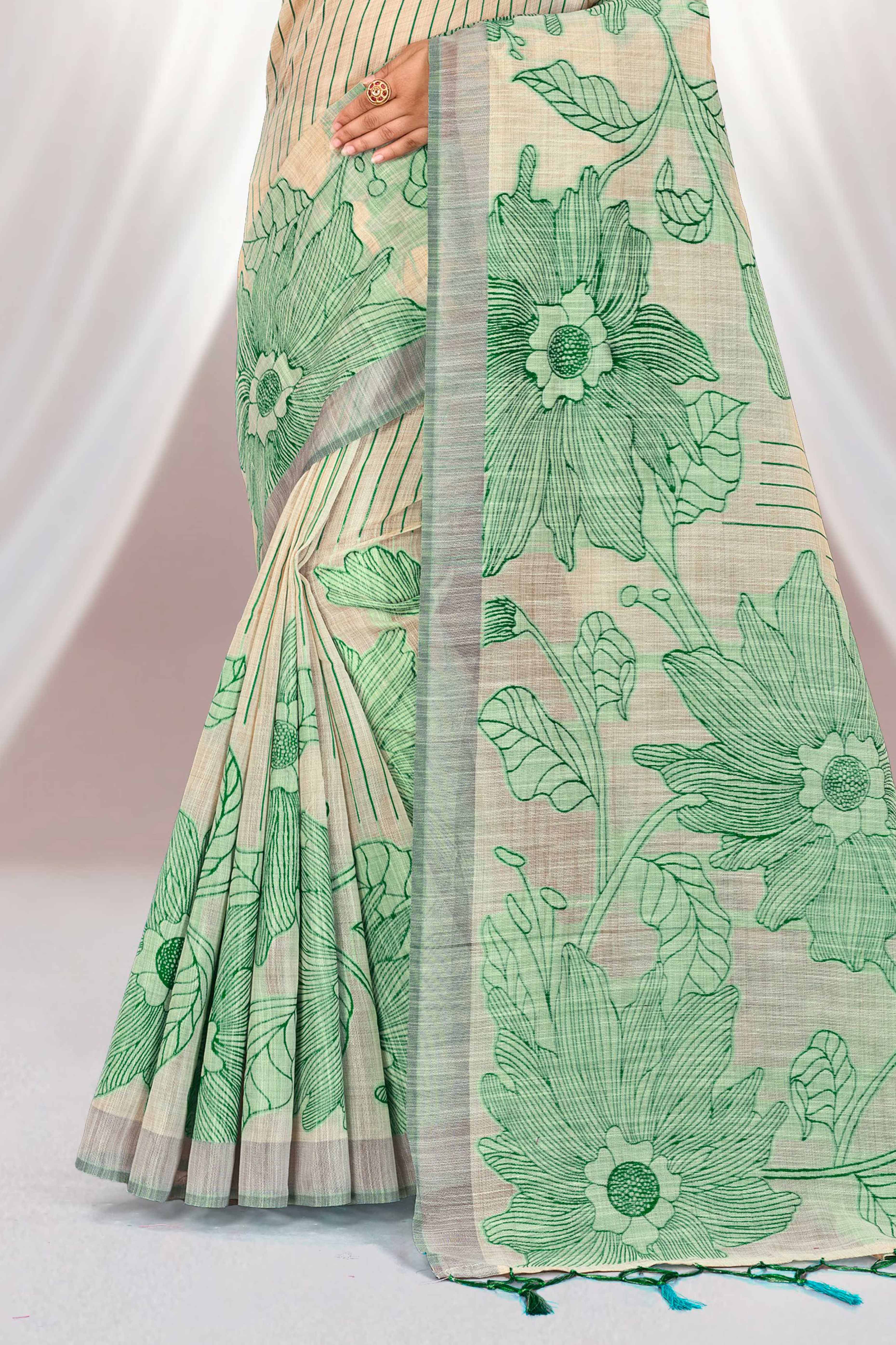 Sangam Prints Green Cotton Blend Woven Work Traditional Saree - Dista