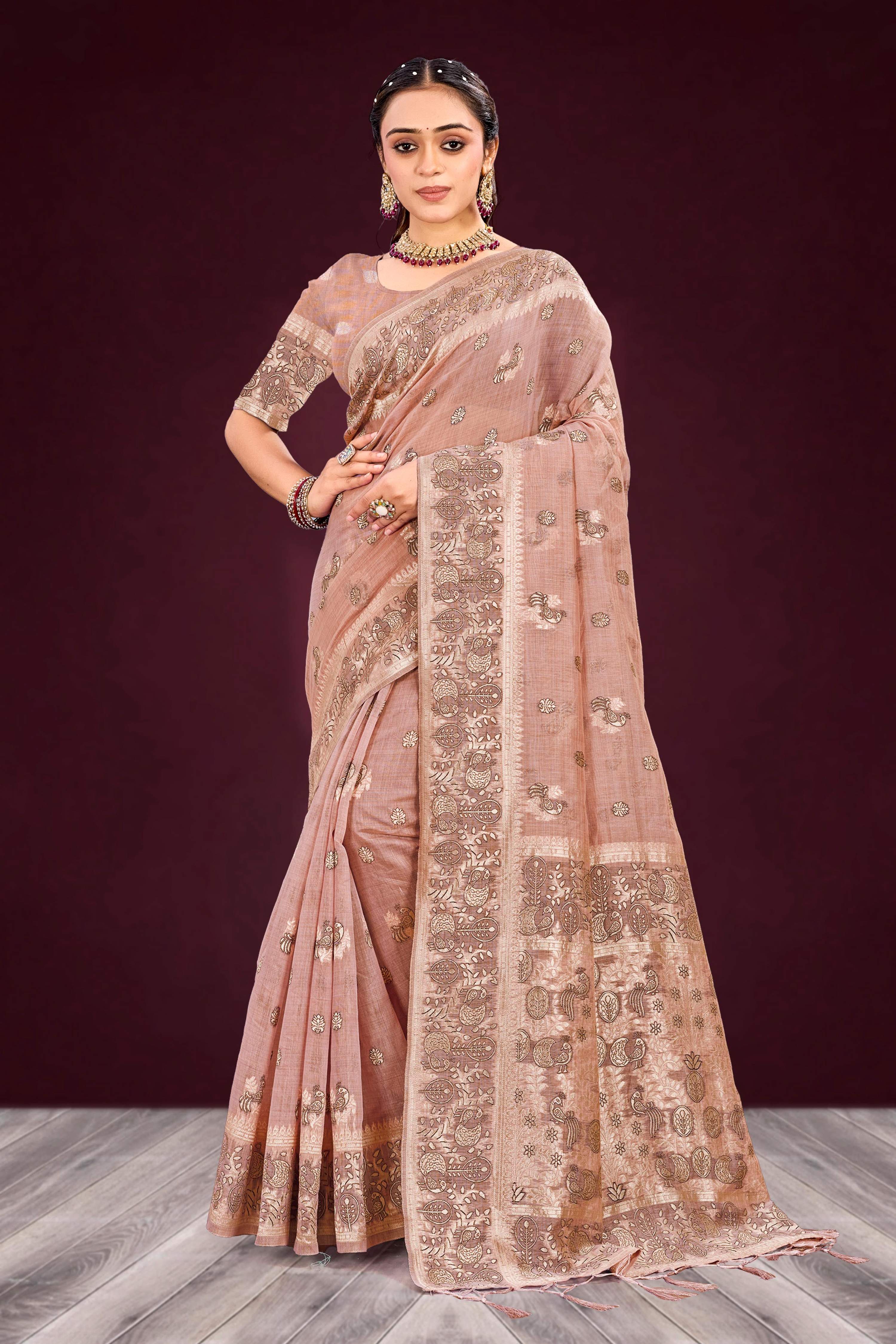 Sangam Prints Dusty Rose Cotton Blend Woven Work Traditional Saree - Dista