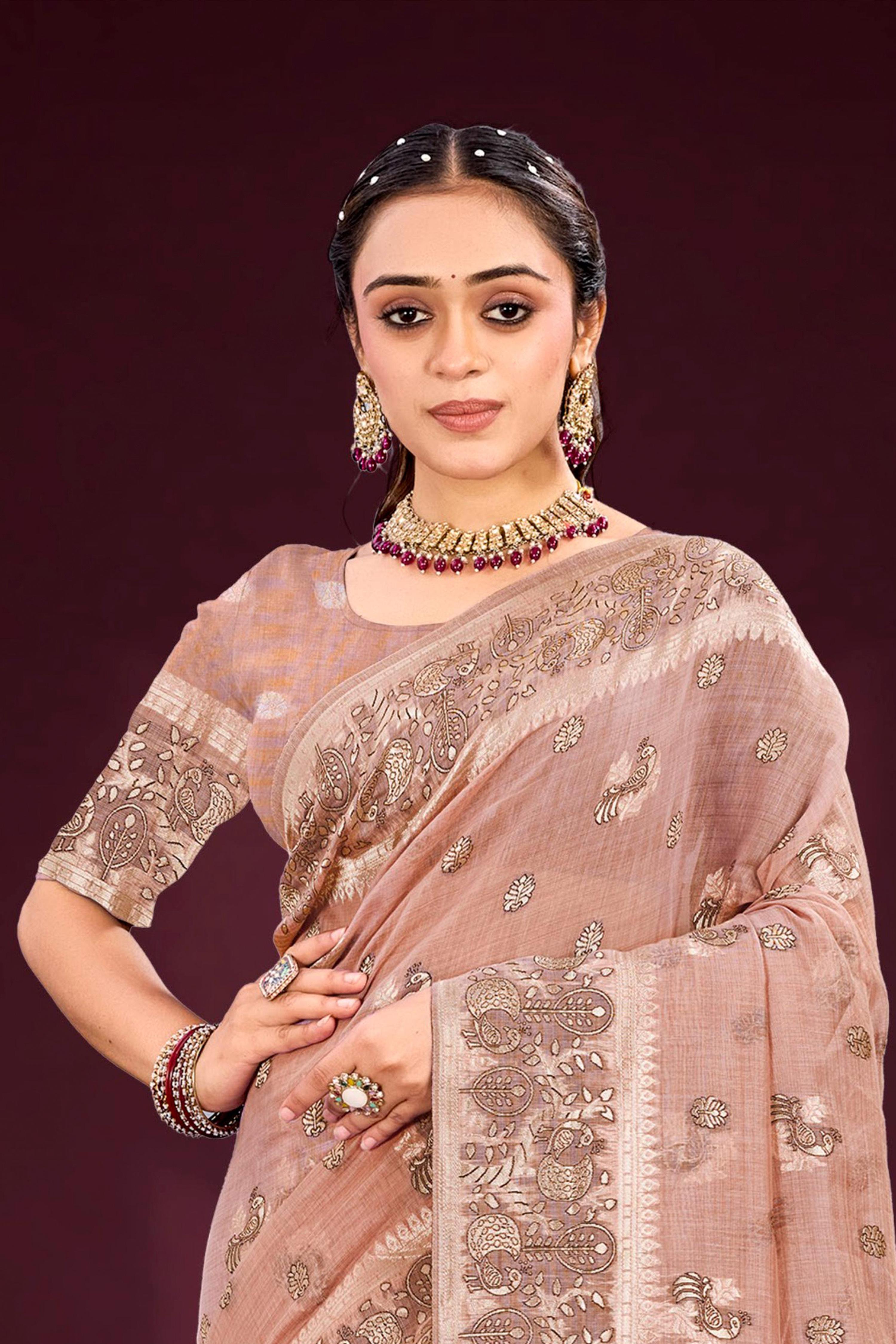 Sangam Prints Dusty Rose Cotton Blend Woven Work Traditional Saree - Dista