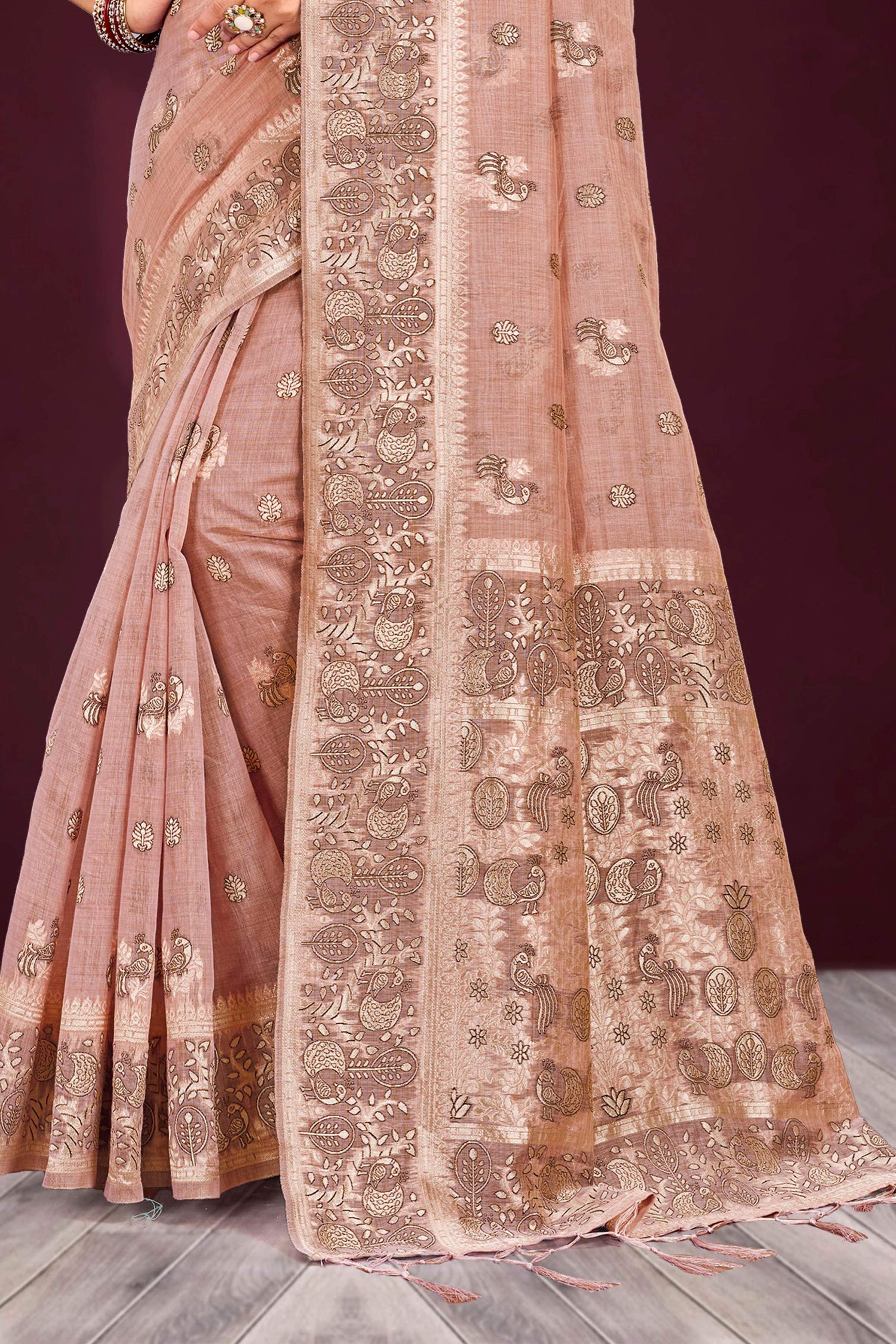Sangam Prints Dusty Rose Cotton Blend Woven Work Traditional Saree - Dista