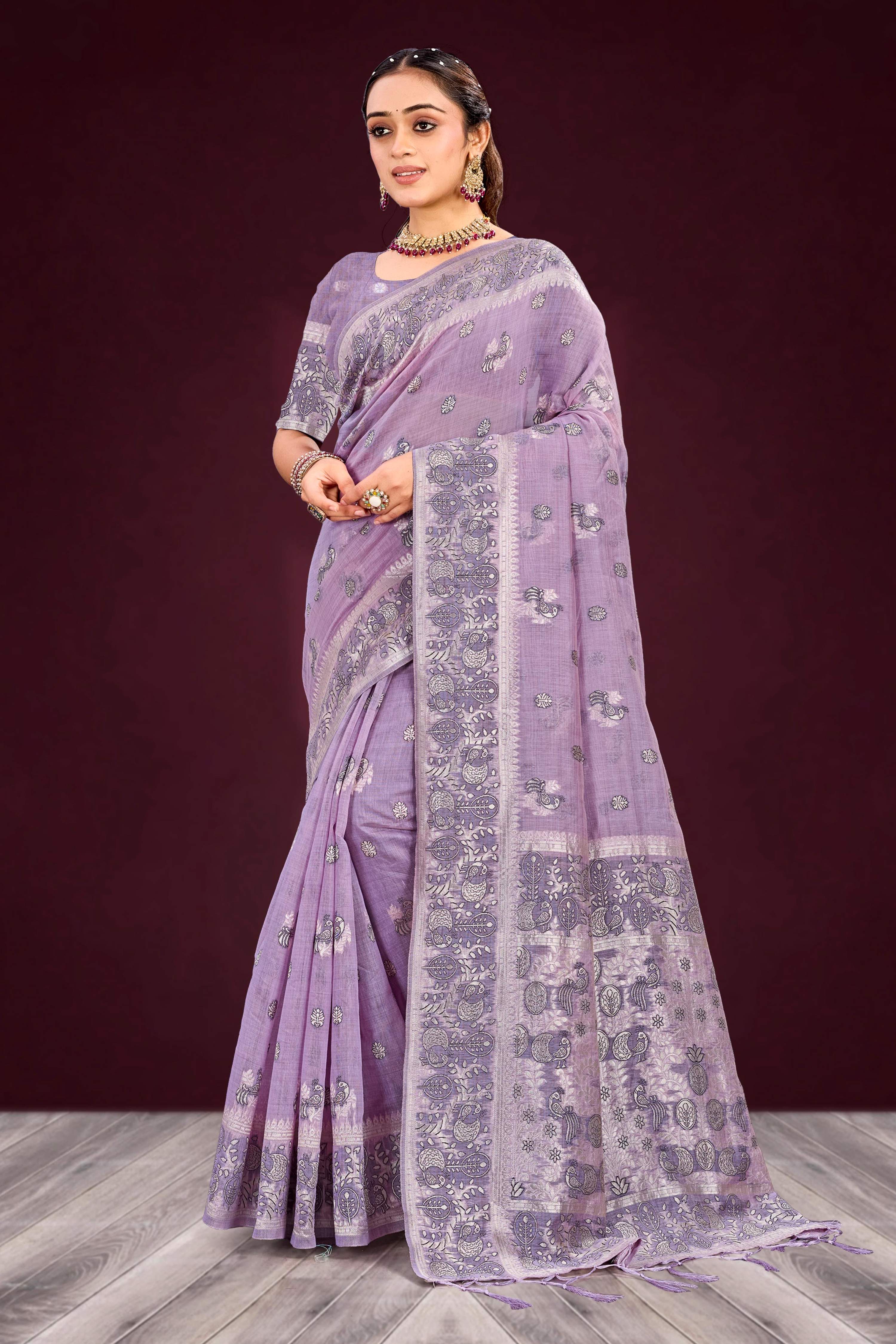 Sangam Prints Lavender Cotton Blend Woven Work Traditional Saree - Dista