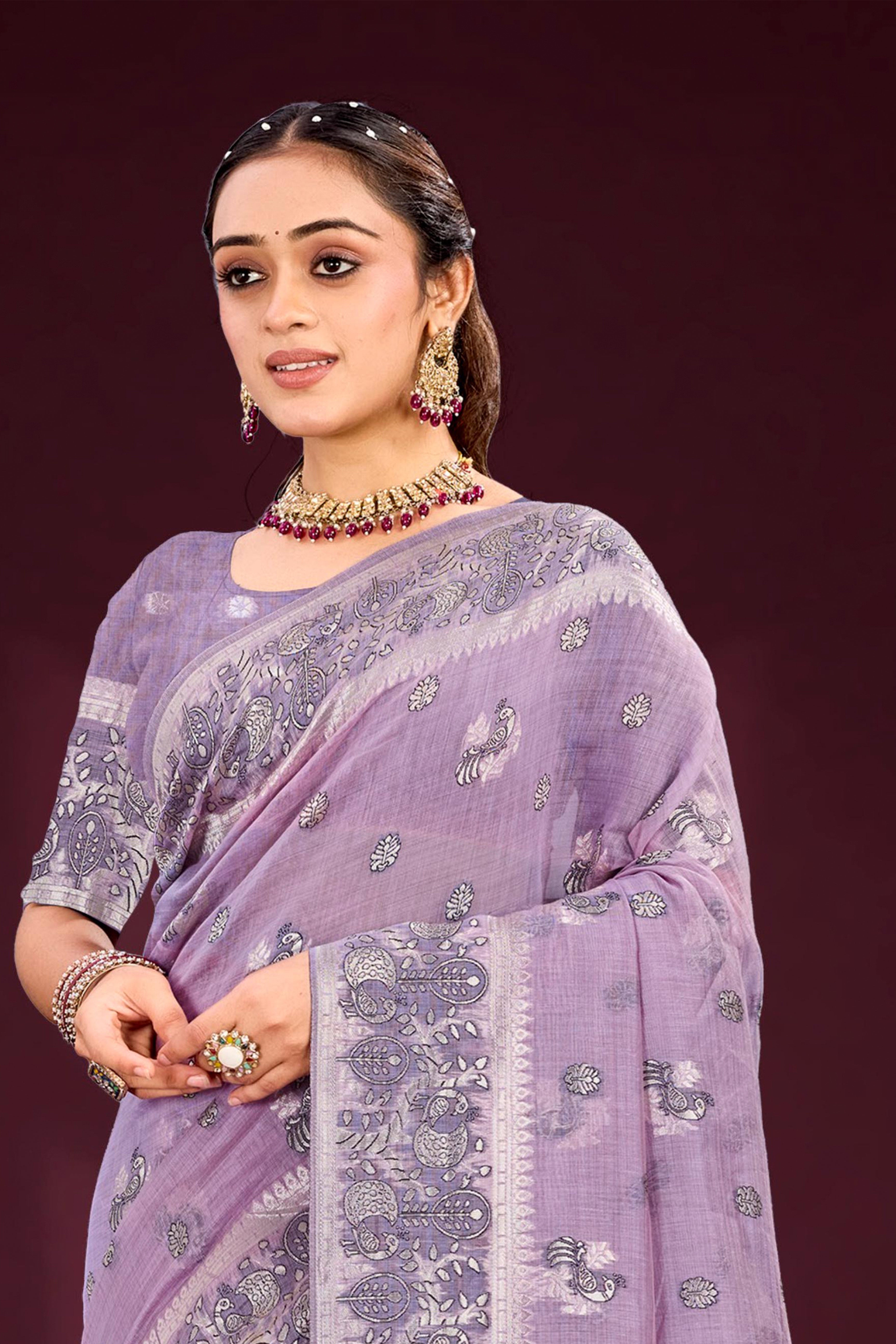 Sangam Prints Lavender Cotton Blend Woven Work Traditional Saree - Dista