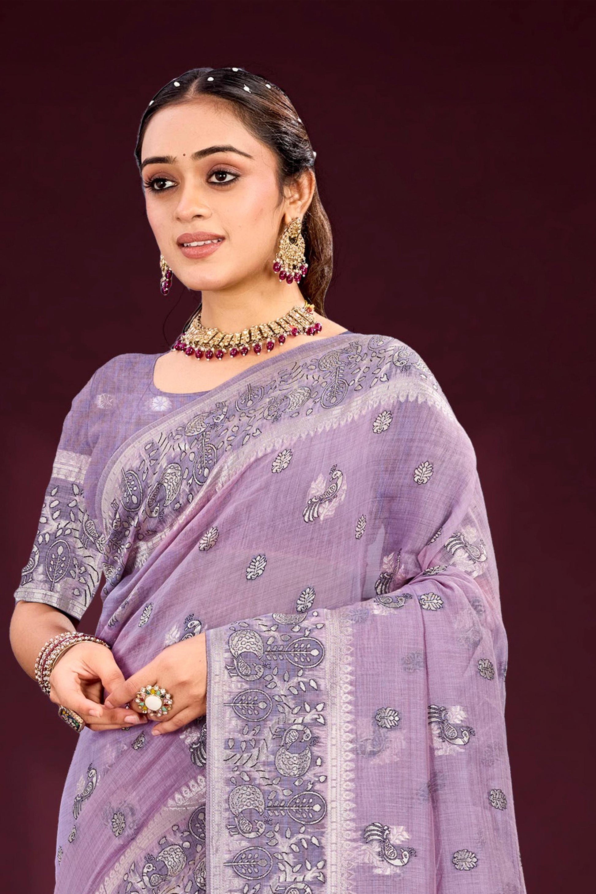 Sangam Prints Lavender Cotton Blend Woven Work Traditional Saree - Dista