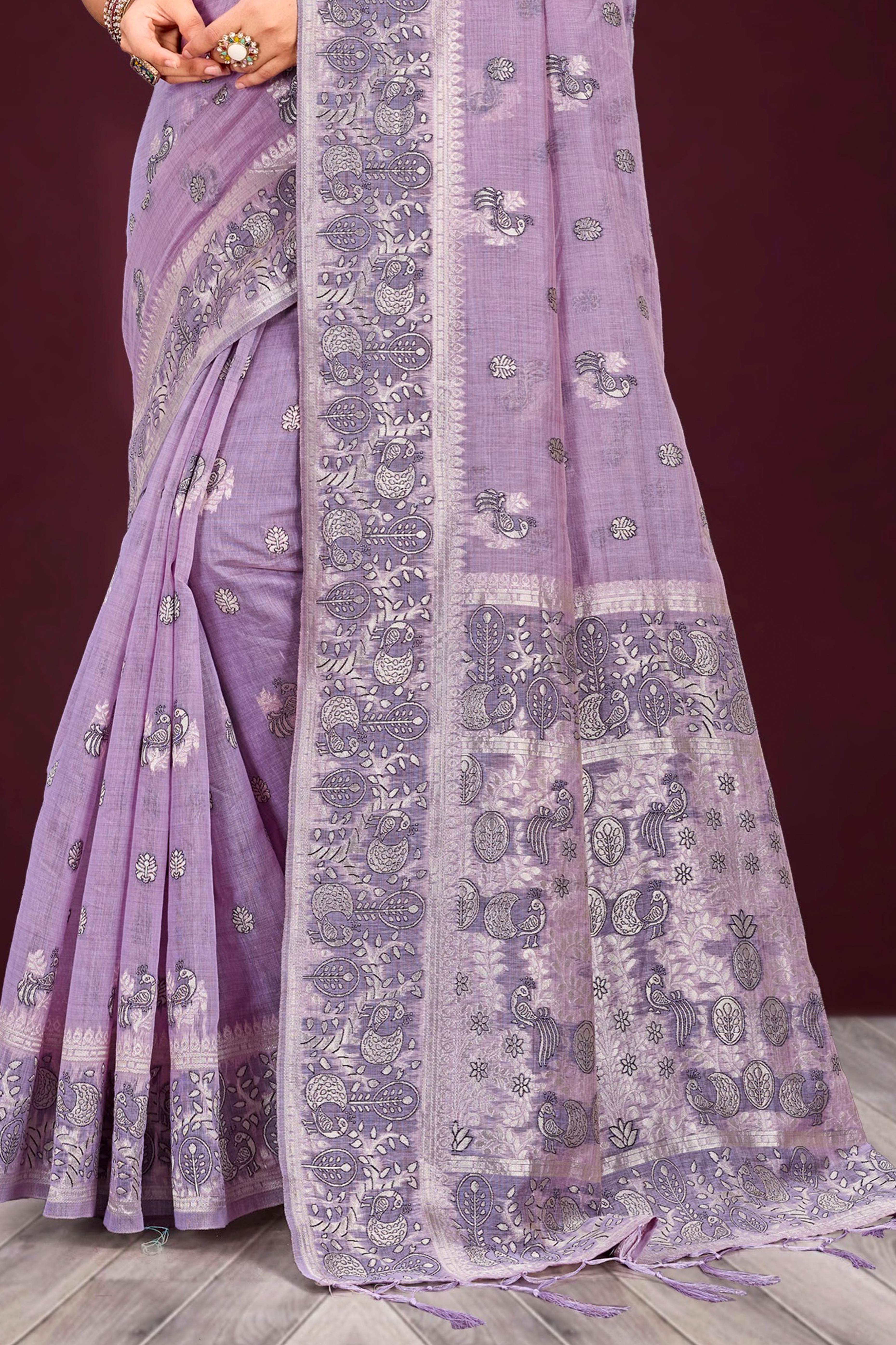 Sangam Prints Lavender Cotton Blend Woven Work Traditional Saree - Dista