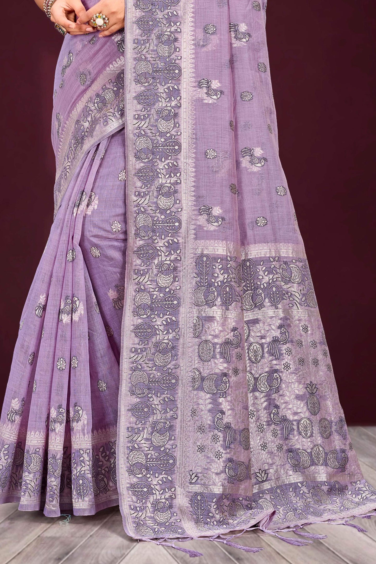 Sangam Prints Lavender Cotton Blend Woven Work Traditional Saree - Dista