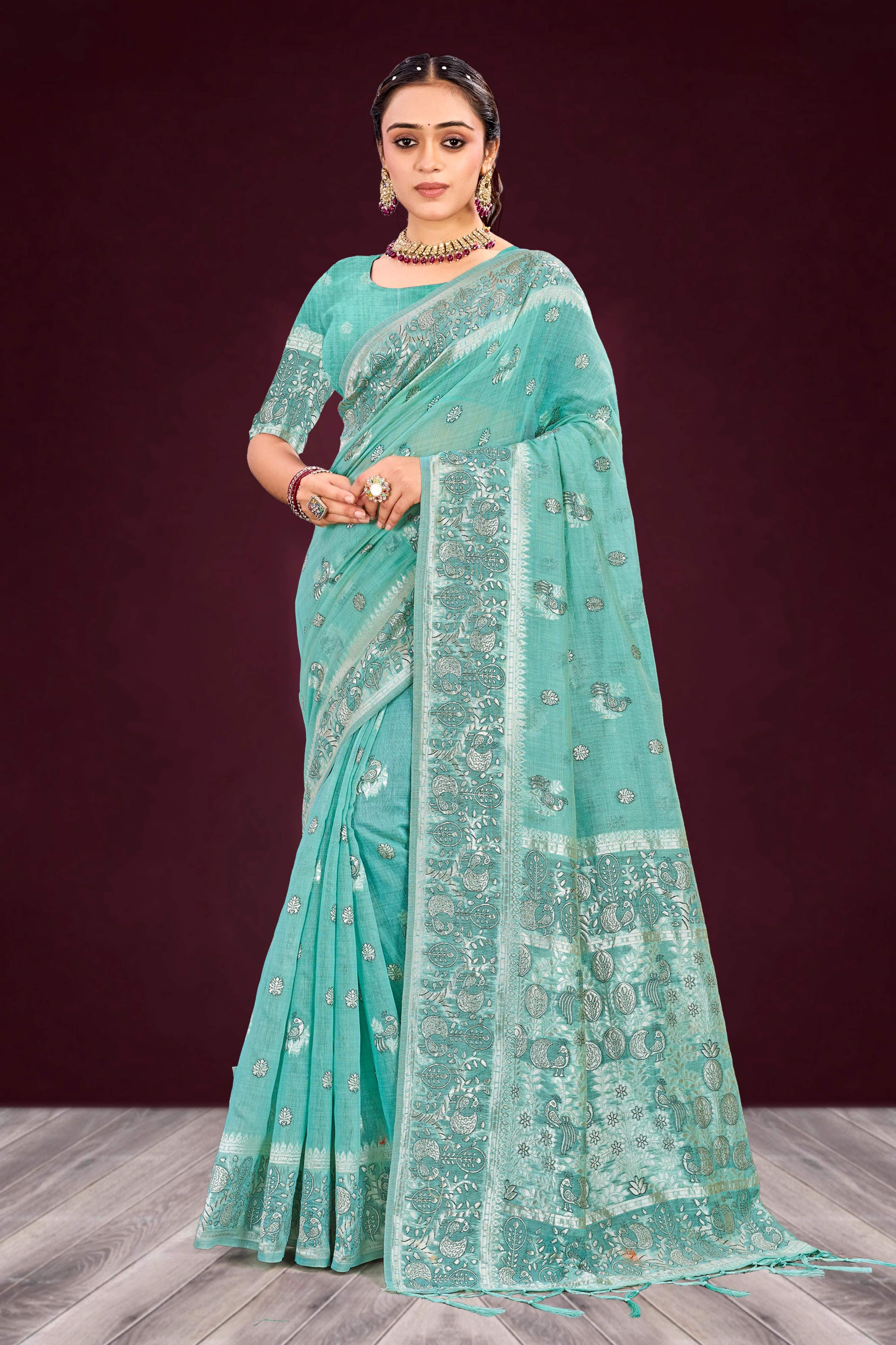 Sangam Prints Aqua Mint Green Cotton Blend Woven Work Traditional Saree - Dista