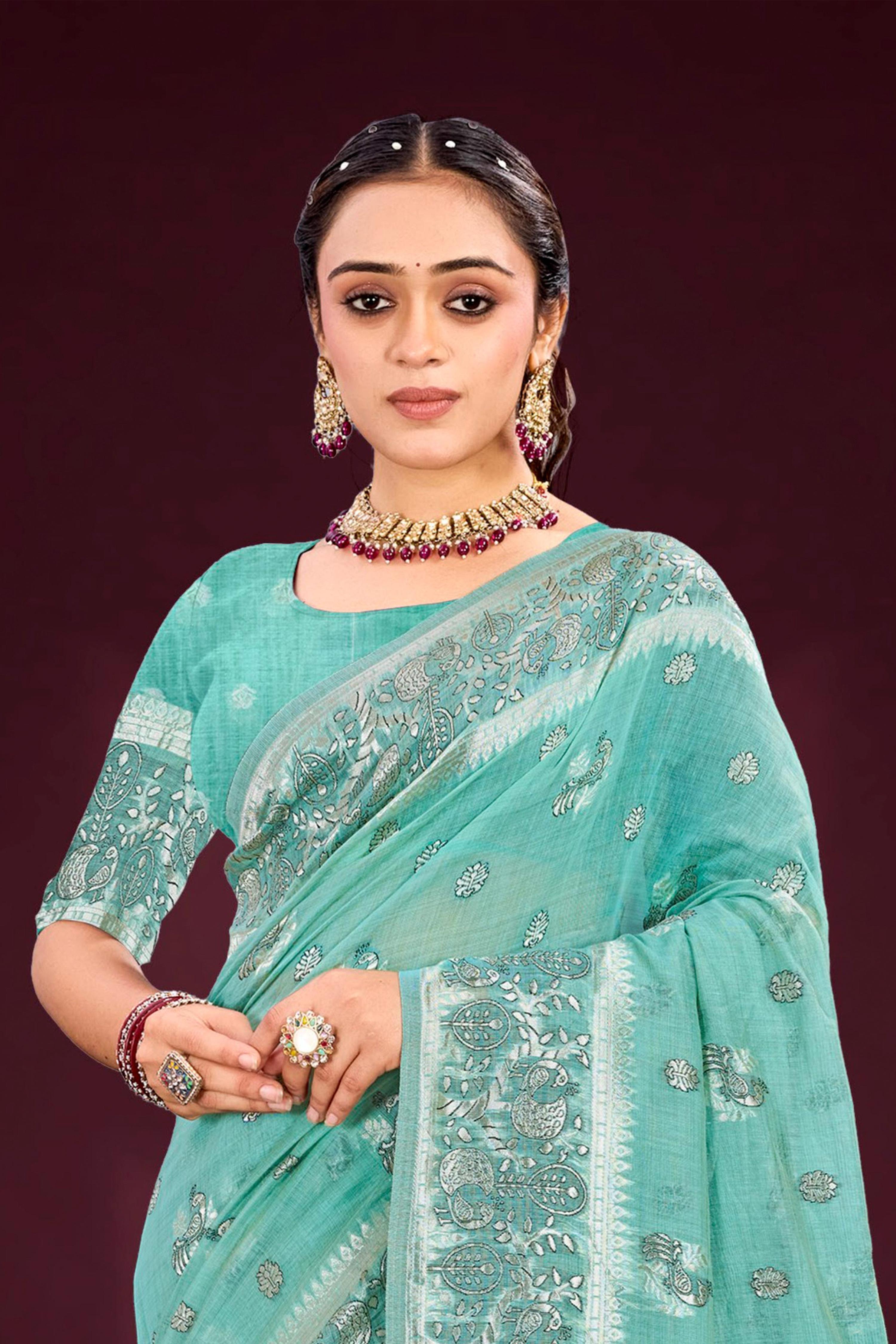 Sangam Prints Aqua Mint Green Cotton Blend Woven Work Traditional Saree - Dista