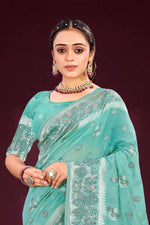 Thumbnail for Sangam Prints Aqua Mint Green Cotton Blend Woven Work Traditional Saree - Dista