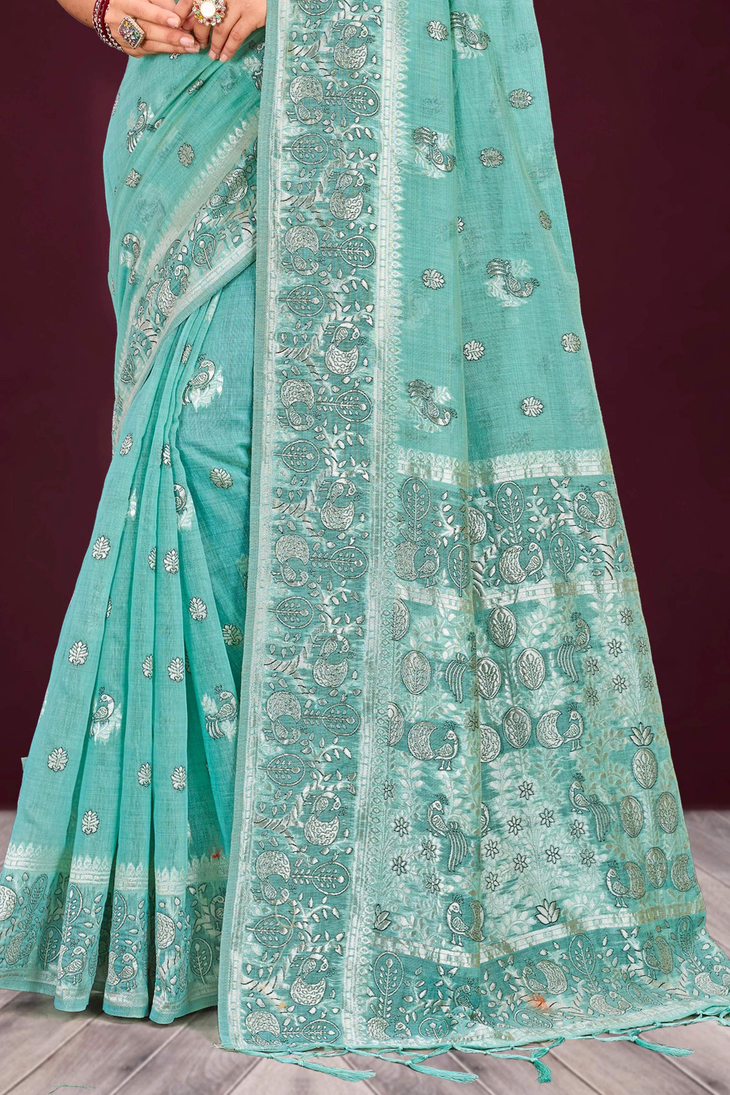 Sangam Prints Aqua Mint Green Cotton Blend Woven Work Traditional Saree - Dista