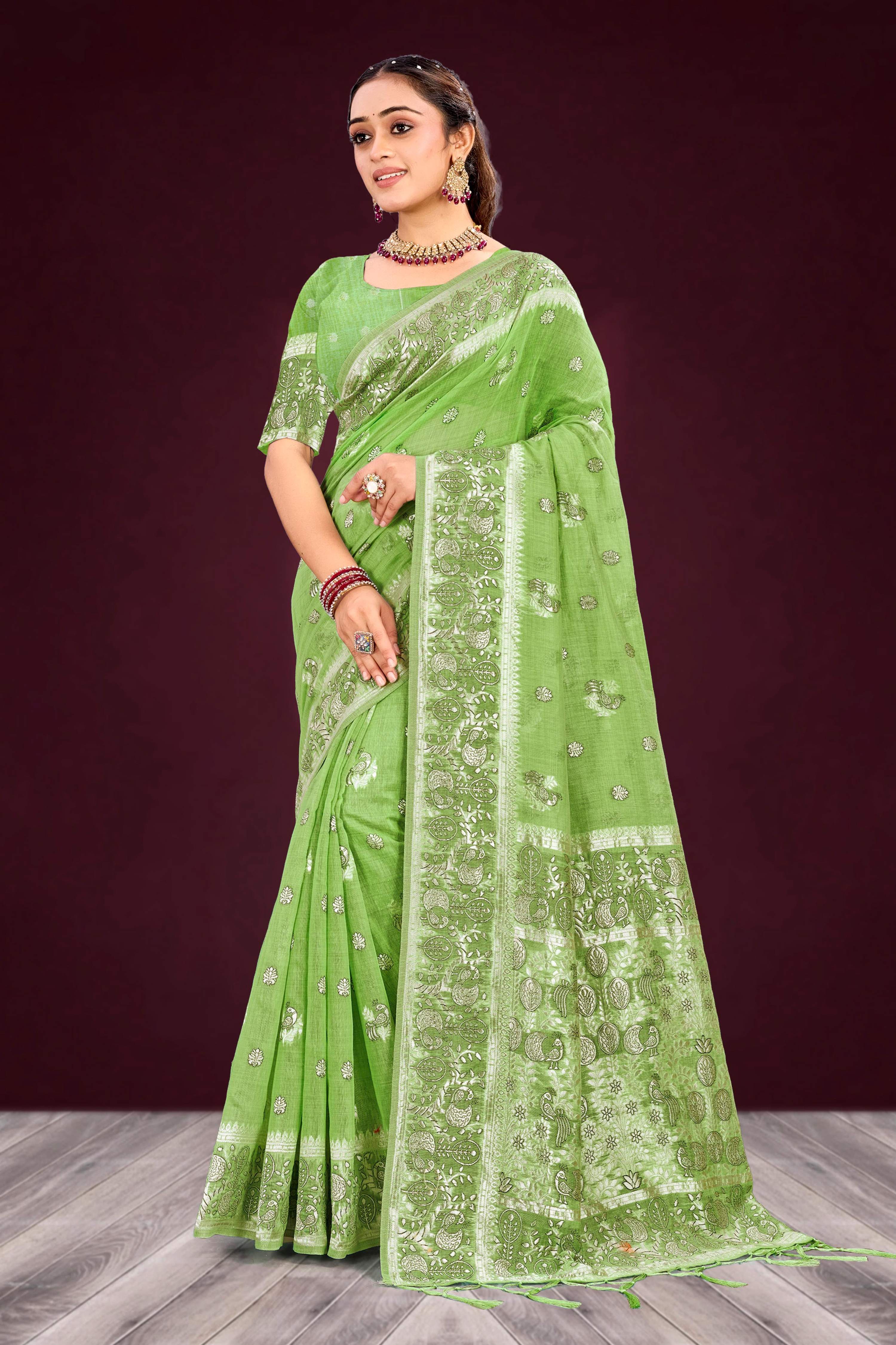 Sangam Prints Leaf Green Cotton Blend Woven Work Traditional Saree - Dista