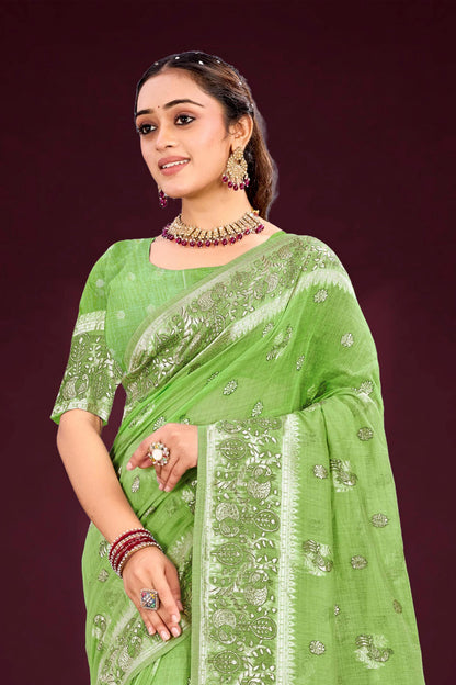 Sangam Prints Leaf Green Cotton Blend Woven Work Traditional Saree - Dista