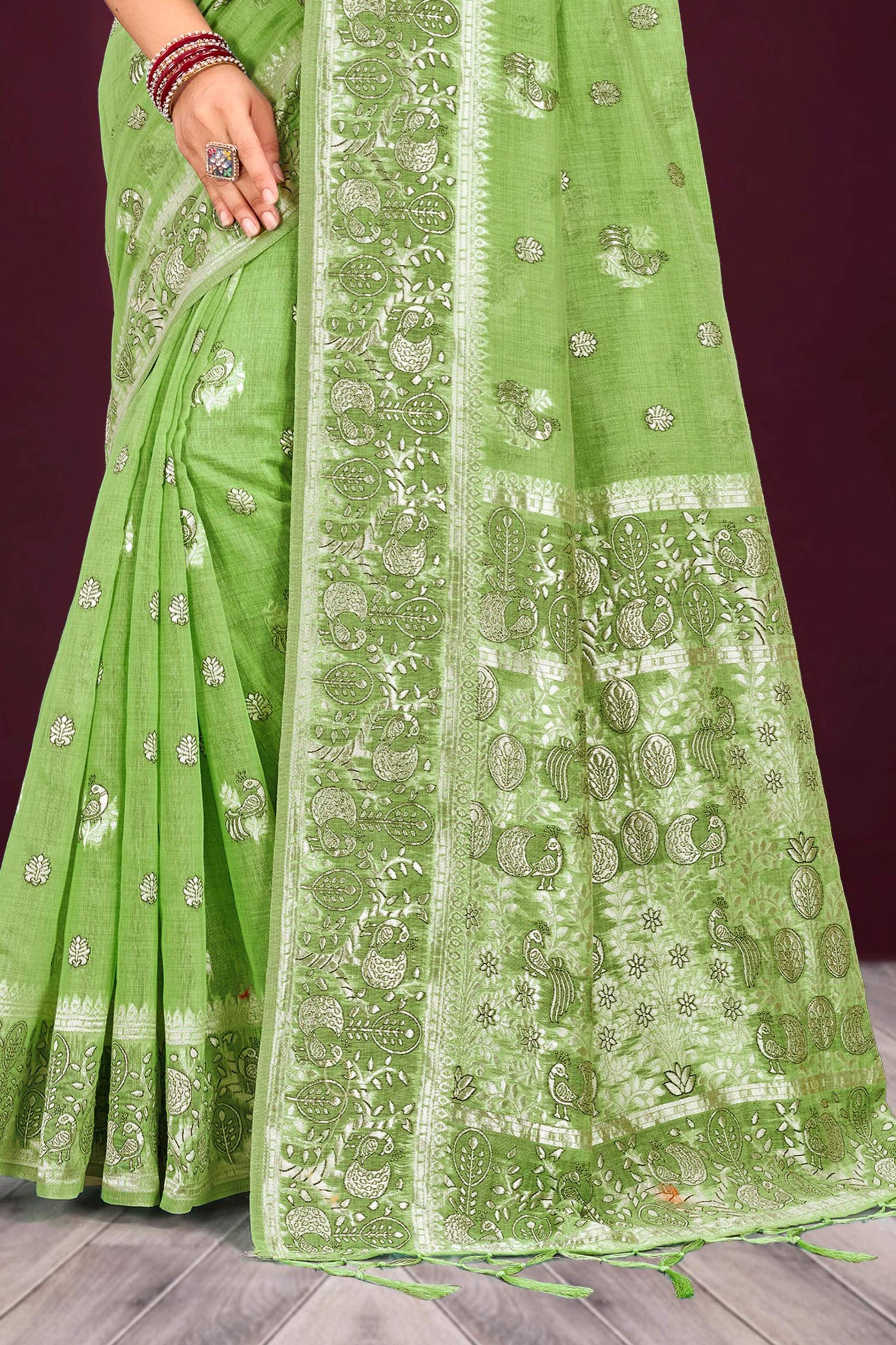 Sangam Prints Leaf Green Cotton Blend Woven Work Traditional Saree - Dista