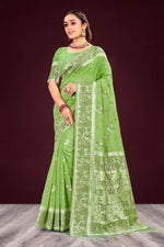 Thumbnail for Sangam Prints Leaf Green Cotton Blend Woven Work Traditional Saree - Dista