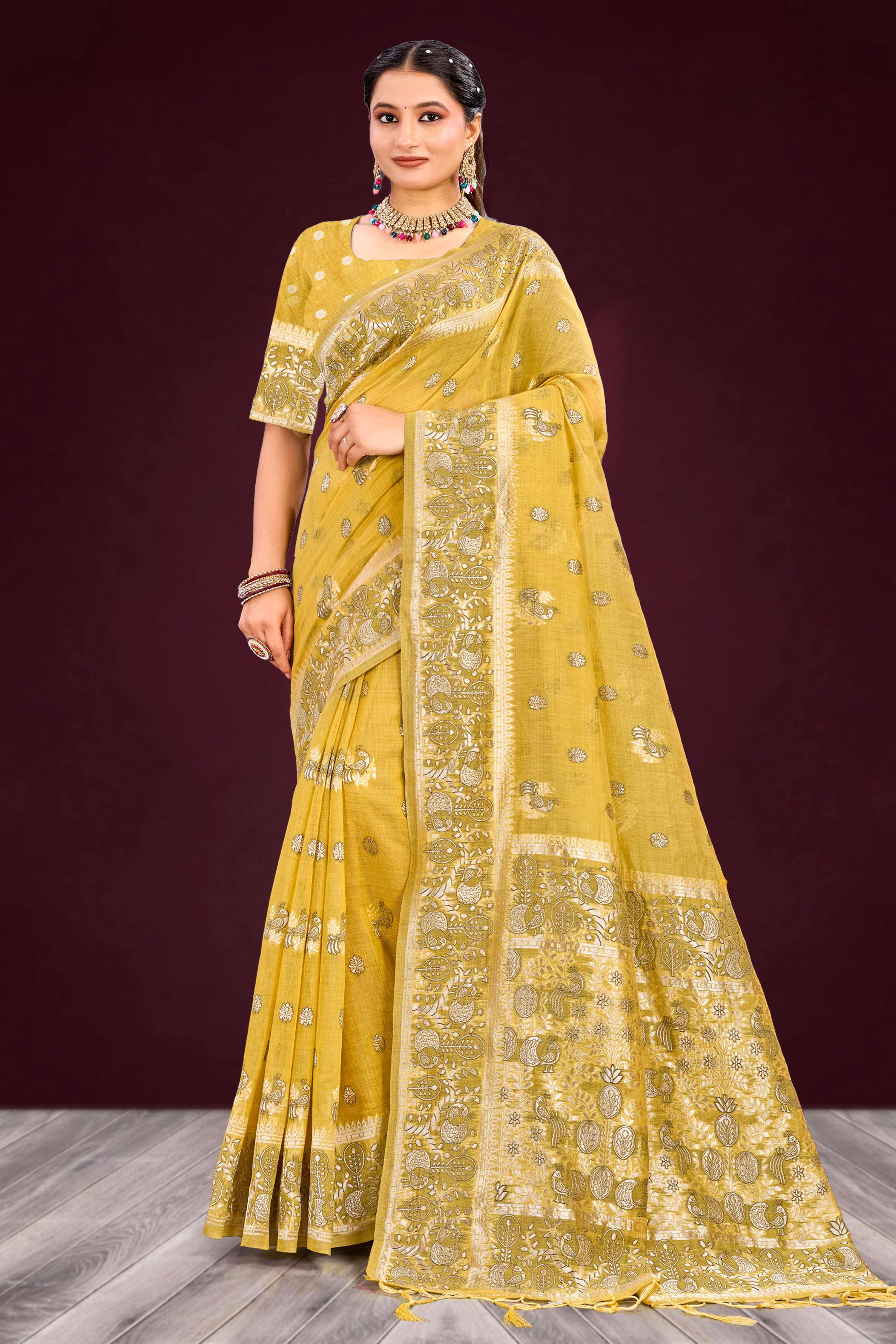 Sangam Prints Mustard Yellow Cotton Blend Woven Work Traditional Saree - Dista