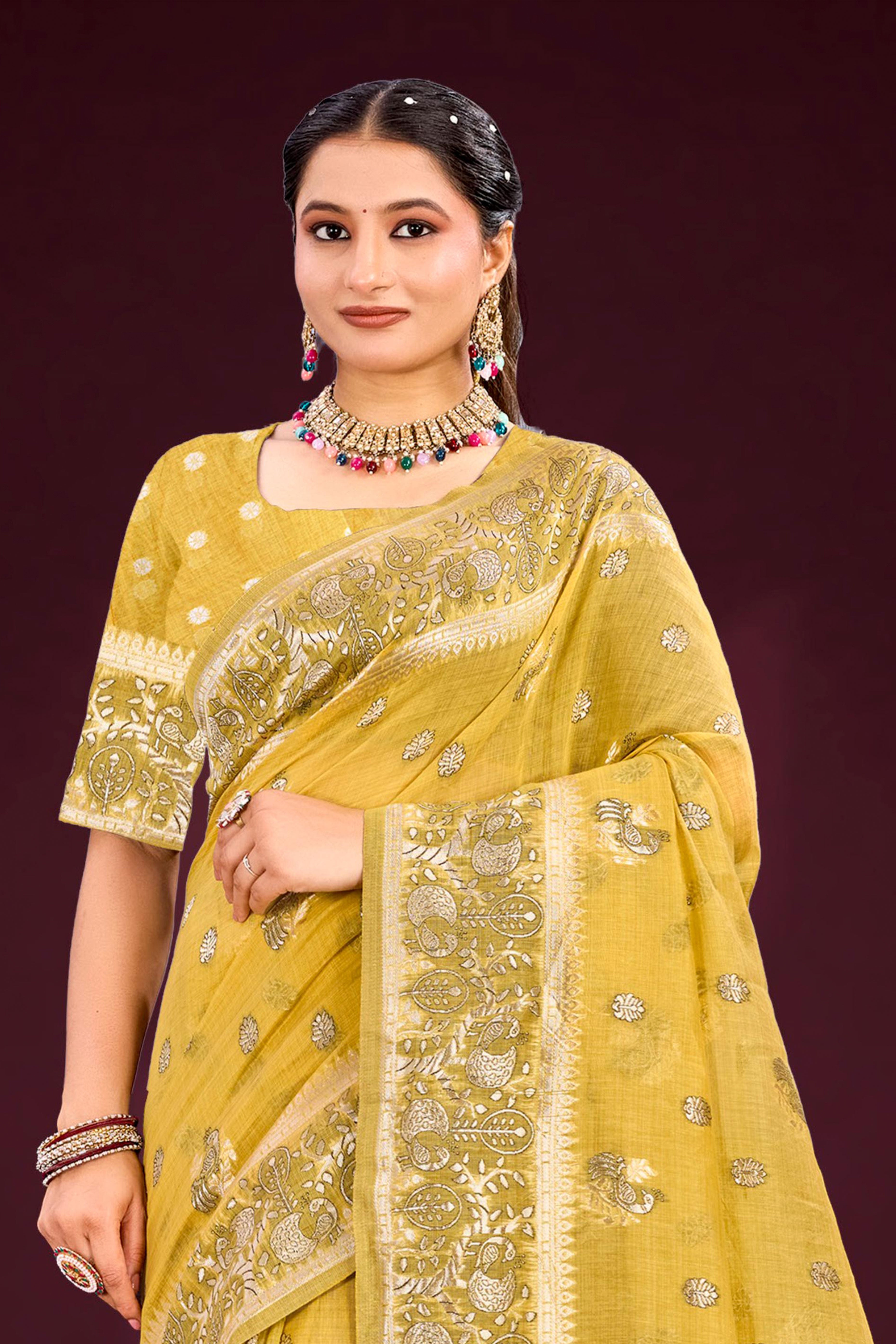 Sangam Prints Mustard Yellow Cotton Blend Woven Work Traditional Saree - Dista