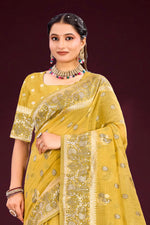 Thumbnail for Sangam Prints Mustard Yellow Cotton Blend Woven Work Traditional Saree - Dista