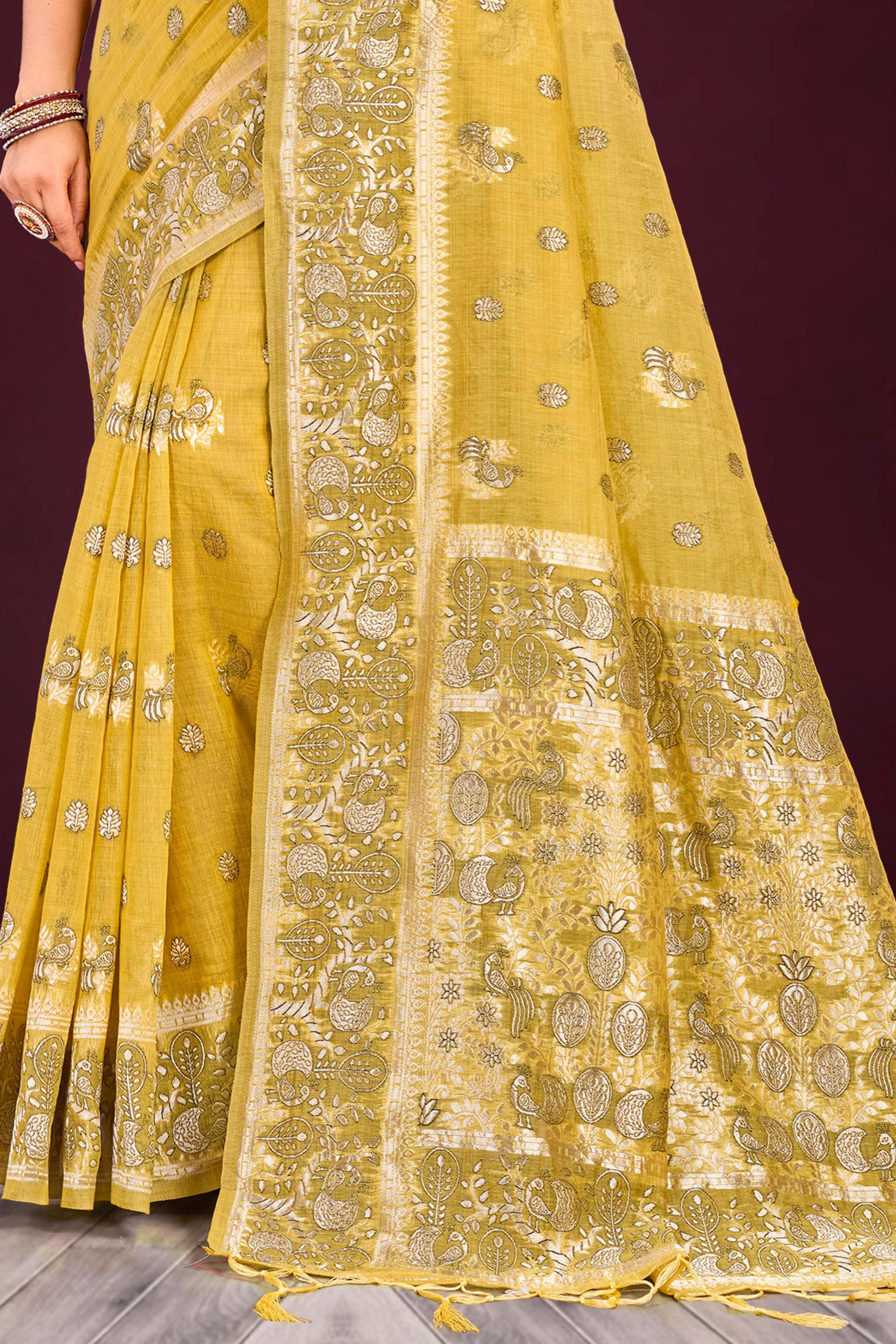 Sangam Prints Mustard Yellow Cotton Blend Woven Work Traditional Saree - Dista