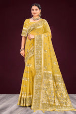 Thumbnail for Sangam Prints Mustard Yellow Cotton Blend Woven Work Traditional Saree - Dista