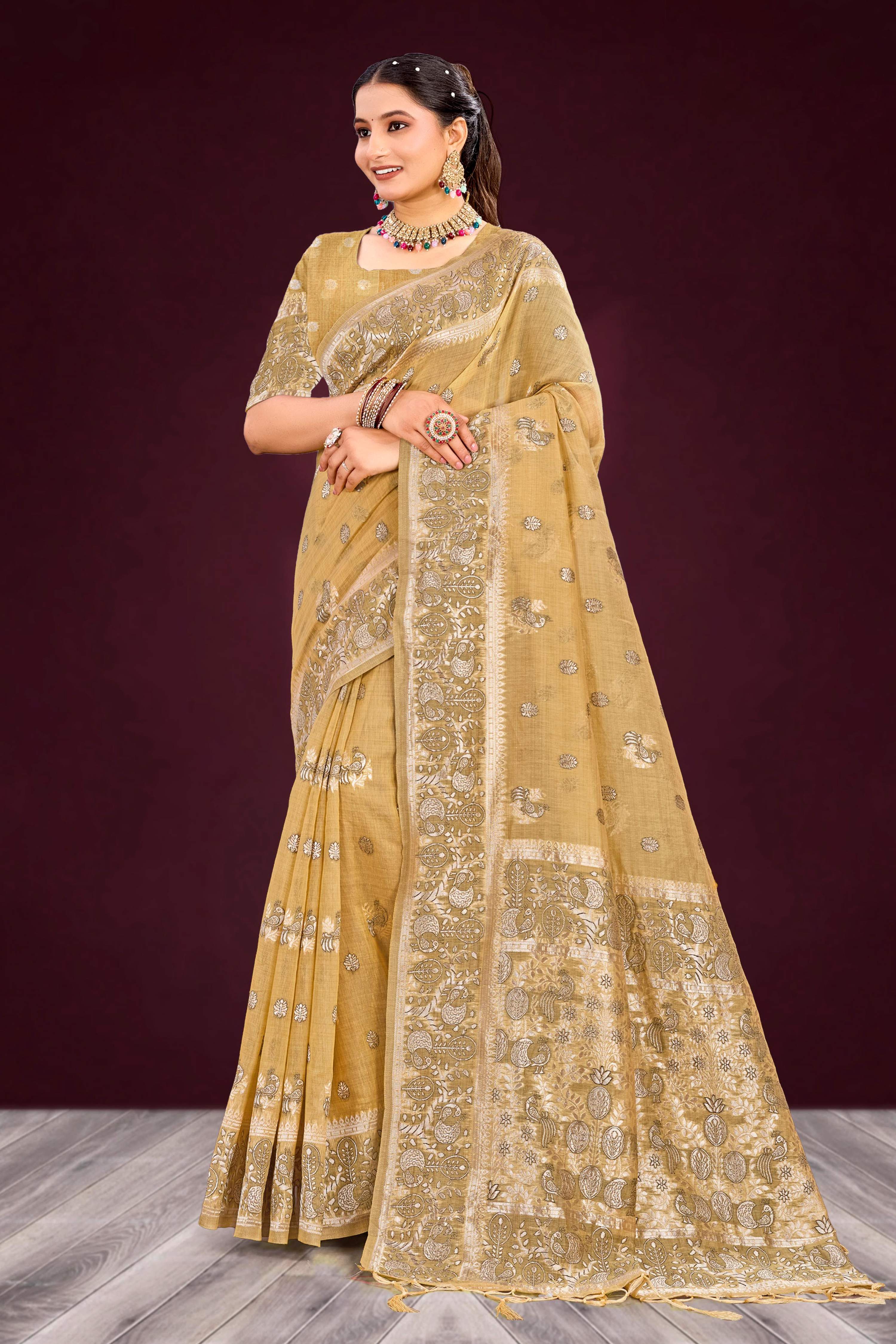Sangam Prints Antique Gold Cotton Blend Woven Work Traditional Saree - Dista