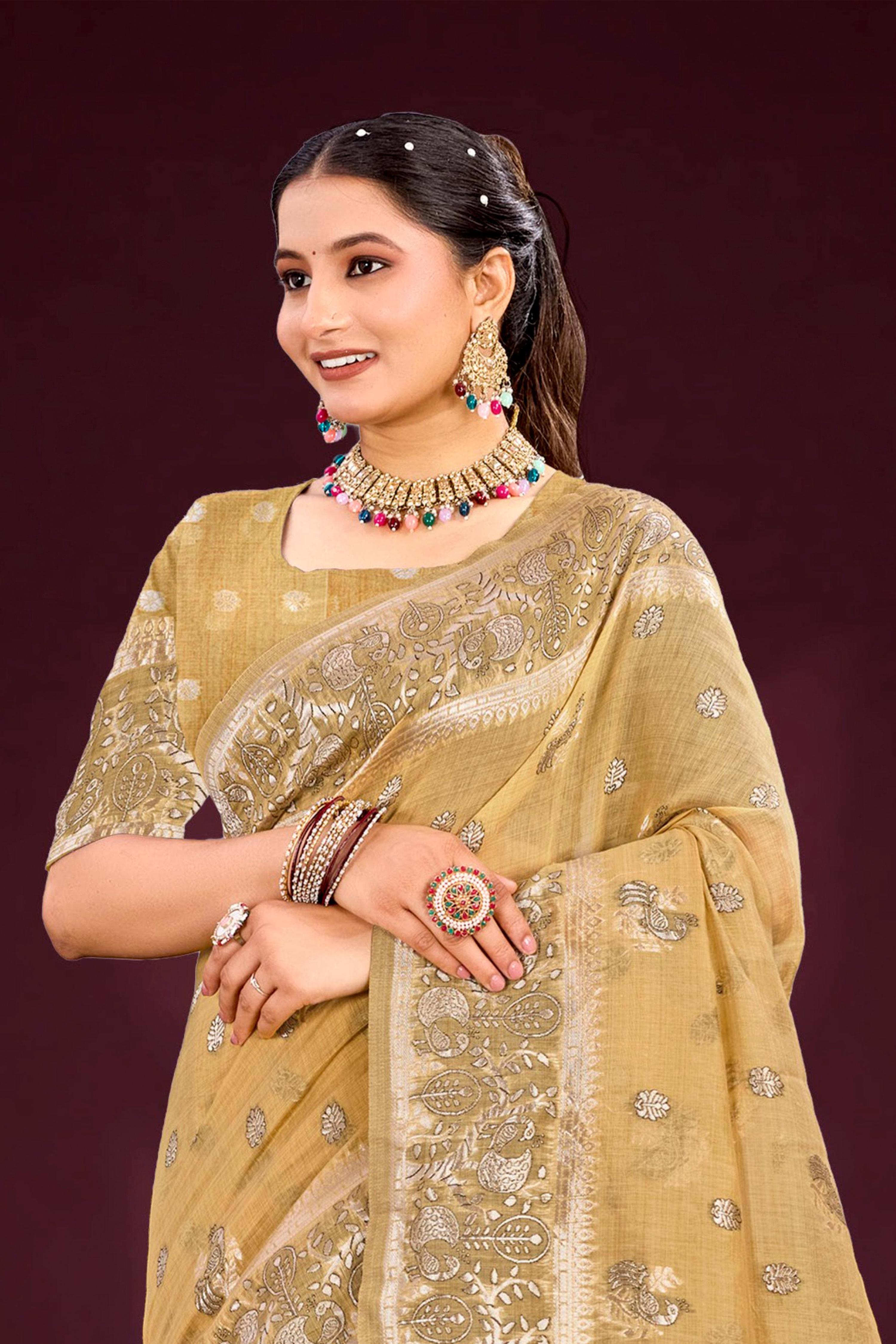 Sangam Prints Antique Gold Cotton Blend Woven Work Traditional Saree - Dista