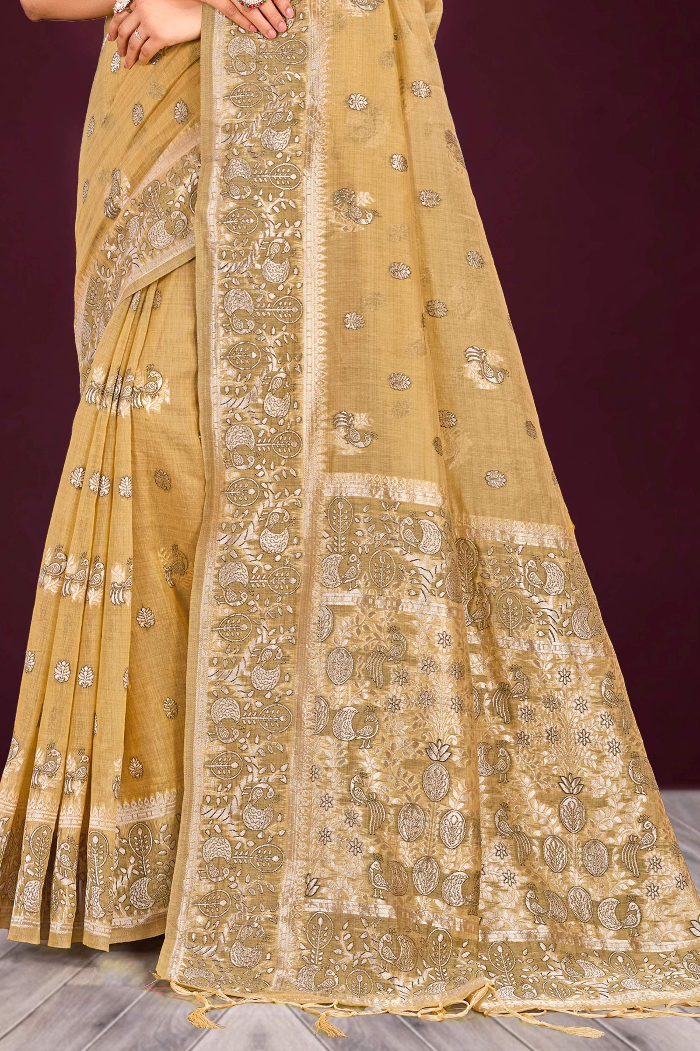Sangam Prints Antique Gold Cotton Blend Woven Work Traditional Saree - Dista
